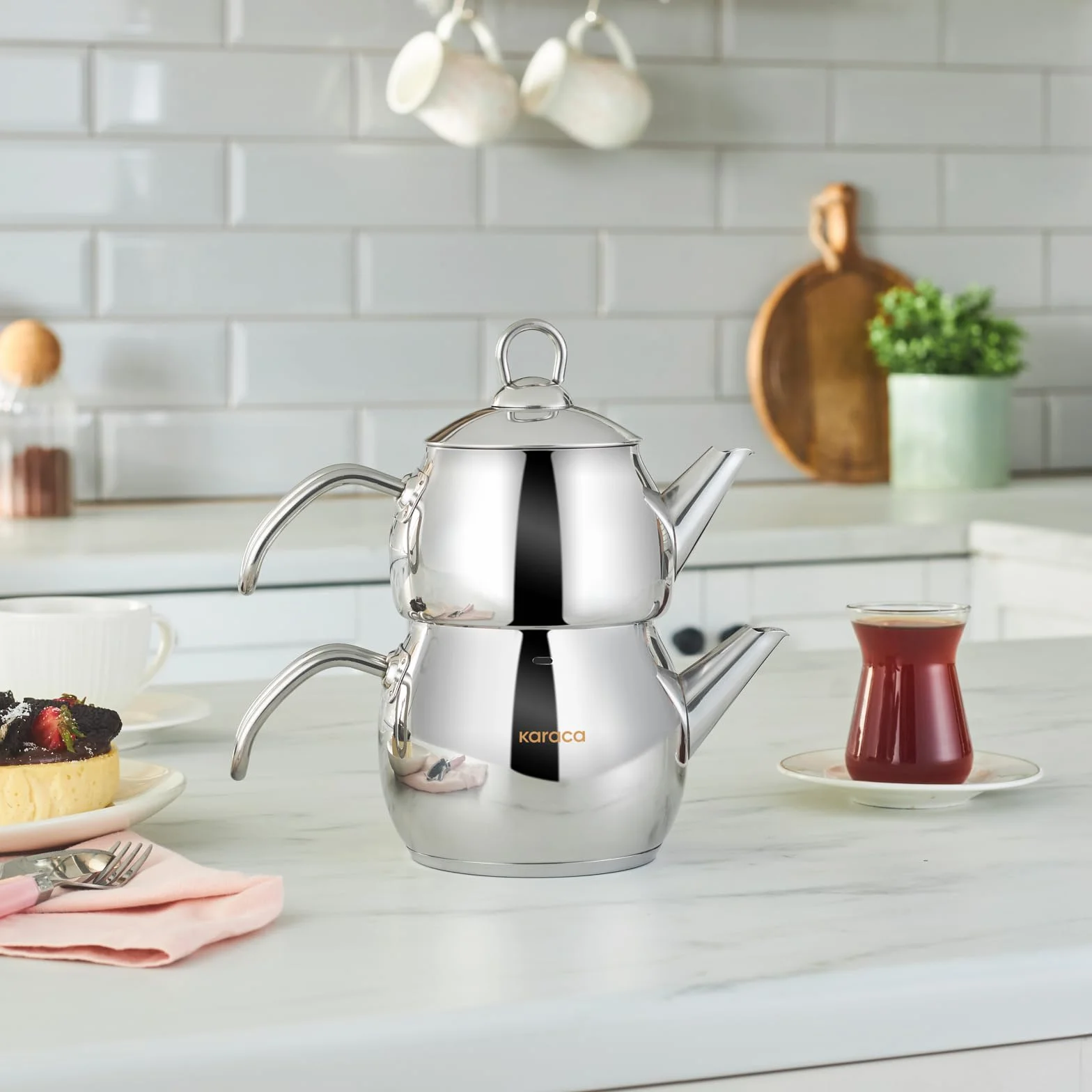 Karaca Adelya Mini zestaw czajniczek do herbaty, metalowy czajniczek, 0,65 l + pokrywka czajnika, 1,1 l, turecki zaparzacz do herbaty, stal nierdzewna, indukcyjny, nadaje się do mycia w zmywarce,