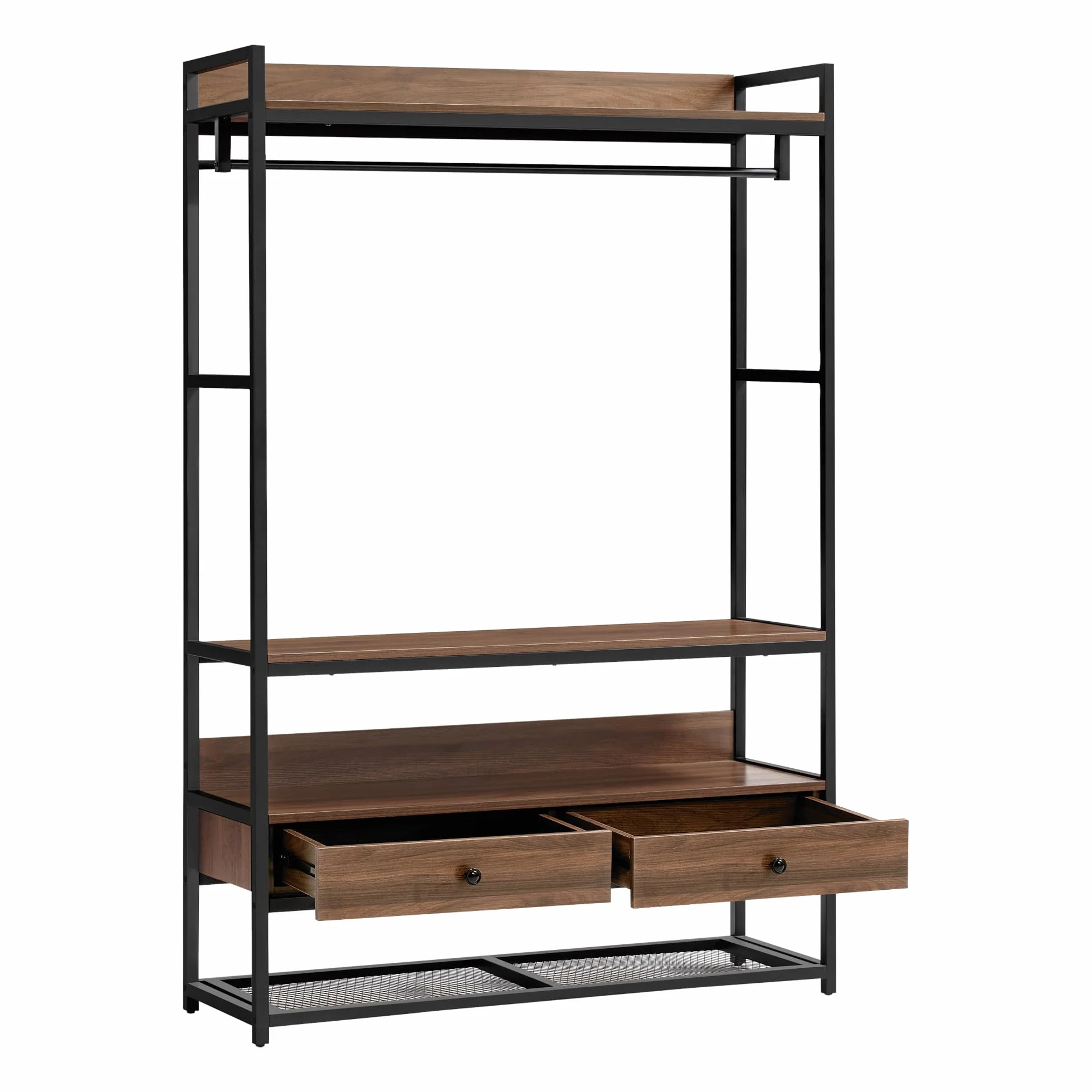 [en.casa] Wieszak Isen z drążkiem na ubrania, wieszak na ubrania, otwarta płyta MDF, szafa z 4 półkami i 2 szufladami, 180 x 120 x 40 cm, wygląd orzecha włoskiego