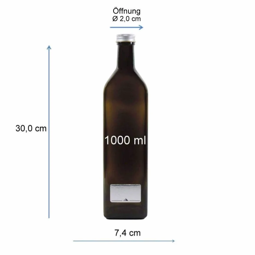 2 x zielono-brązowa szklana butelka 1000 ml, butelka na olej z 2 etykietami do opisywania