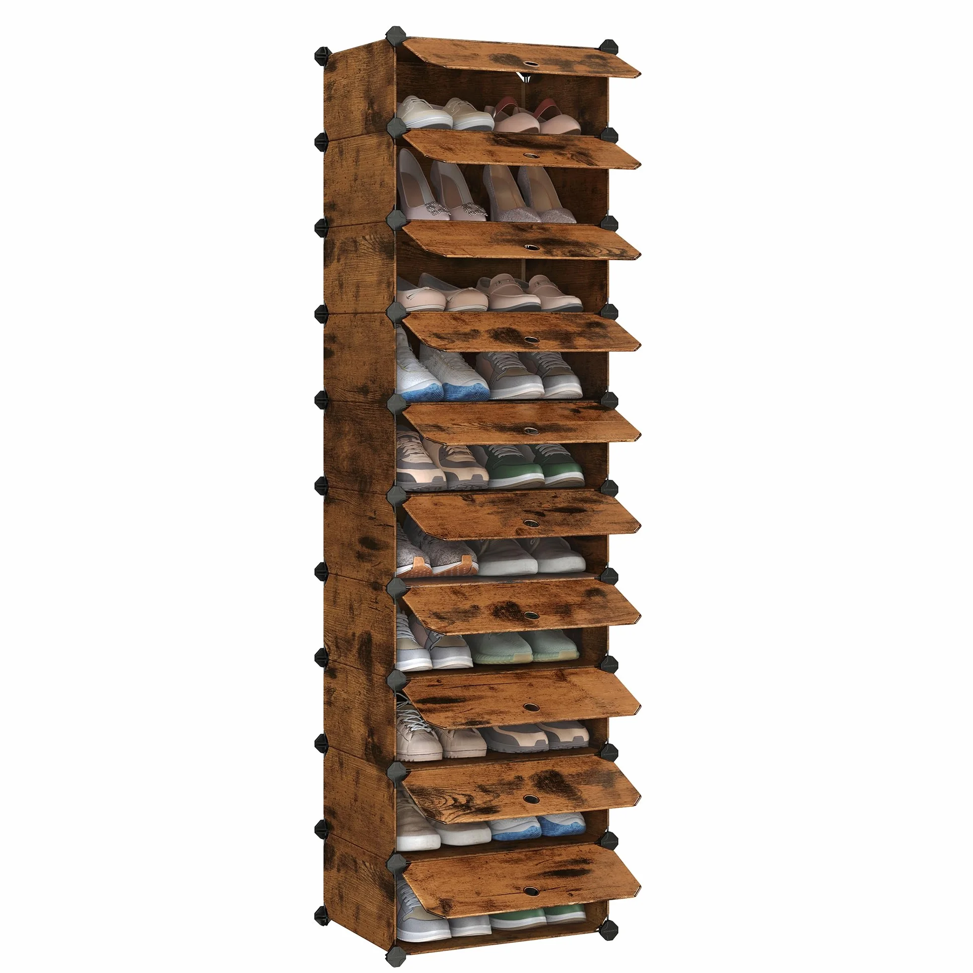 SONGMICS Blokujący stojak na buty, prostokątny organizer do przechowywania, modułowa półka do przechowywania, 40 x 30 x 17 cm, na każdą przegródkę, szafa z tworzywa sztucznego z drzwiami, rustykalny