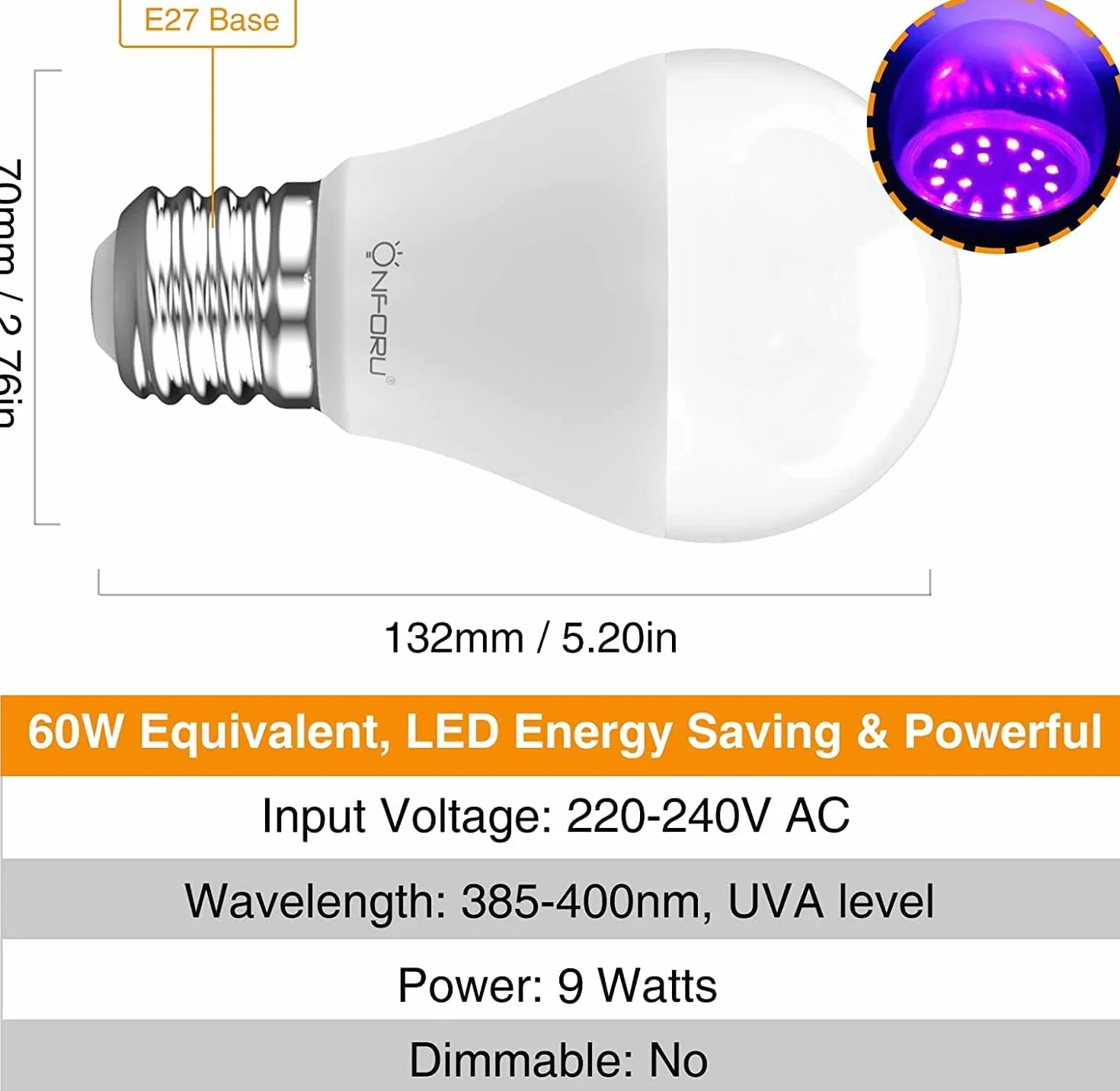 Onforu ON-GY01-UV-EU-2 Żarówki LED UV, E27, 7 W, Czarne Światło UV, 2 Sztuki
