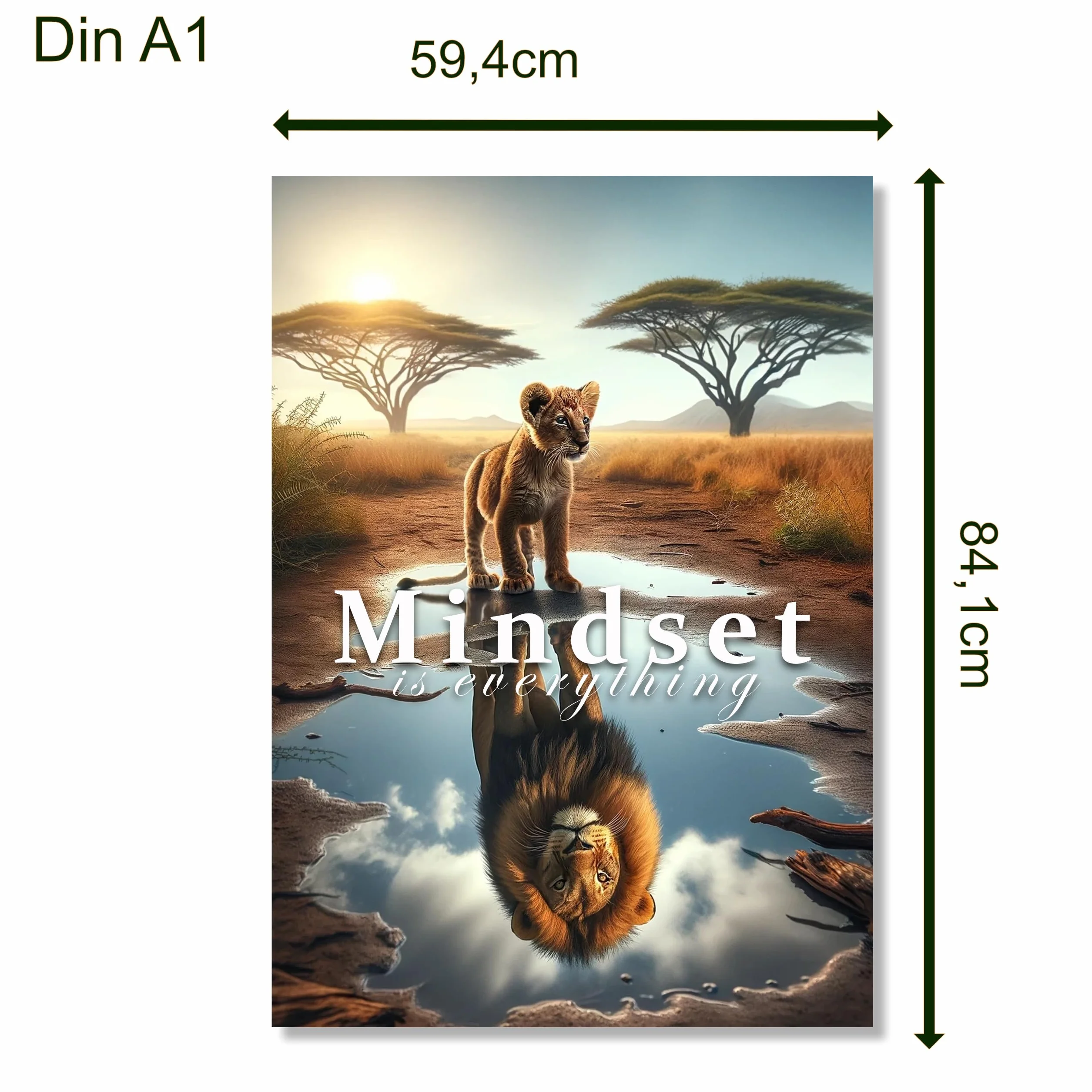 CLEAN SPORTS® Mindset is everything — plakat motywacyjny – lew dziecięcy widzi siebie jako dorosłego lew w lustrze – obraz motywacyjny do biura, sportu i Twojego sukcesu – bez ramki (DIN A1)