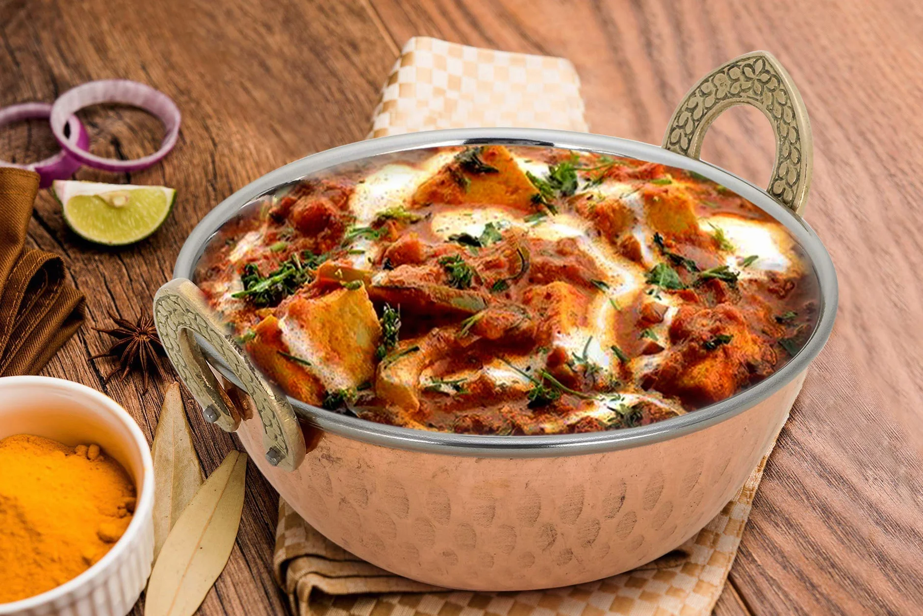 Zap Impex Indyjskie naczynie do serwowania, miedź i młotkowana stal nierdzewna Karahi do indyjskich potraw i curry, zestaw 2 sztuk, średnica 19 cm, srebro 8904295400458