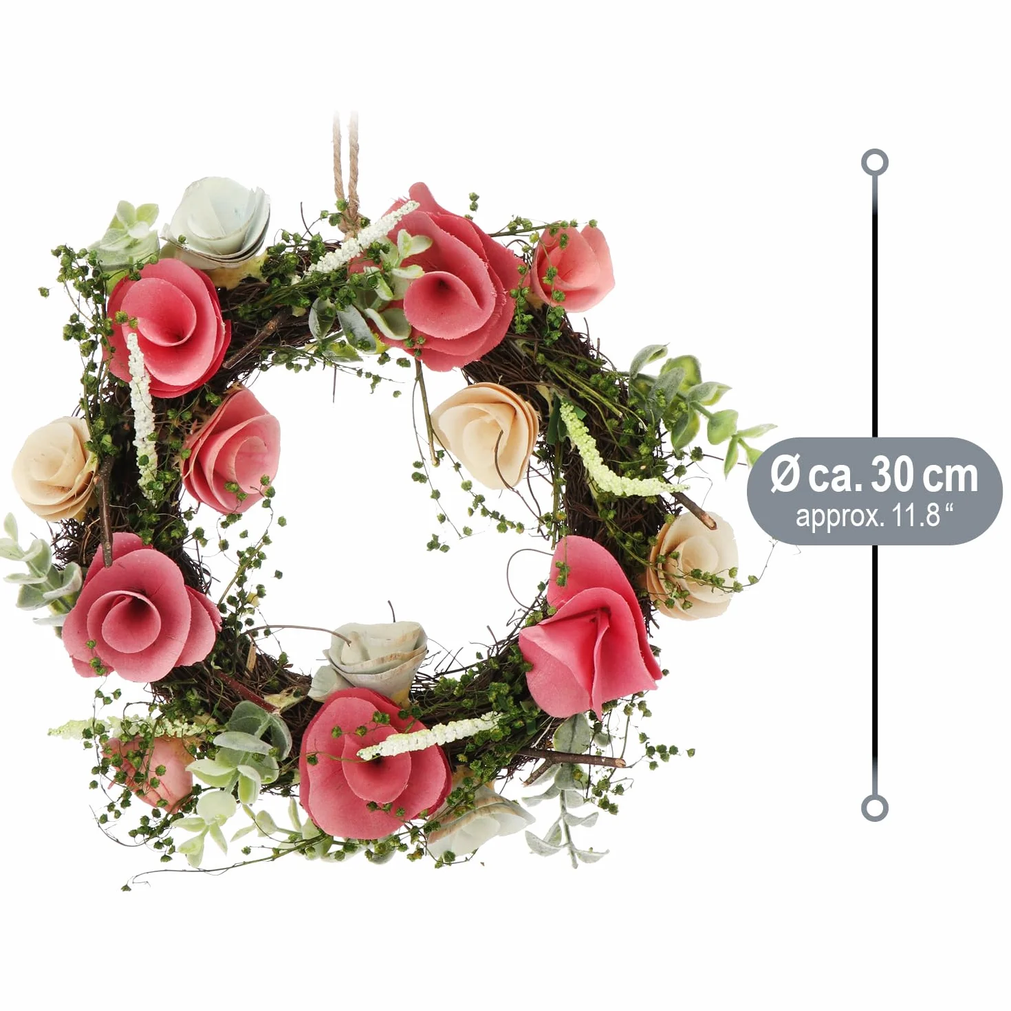 COM-FOUR® Wieniec na drzwi wiosenny z kwiatami z drewna - Wieniec dekoracyjny na stól - Dekoracja wienca z zawieszka - Srednica ok. 30 cm