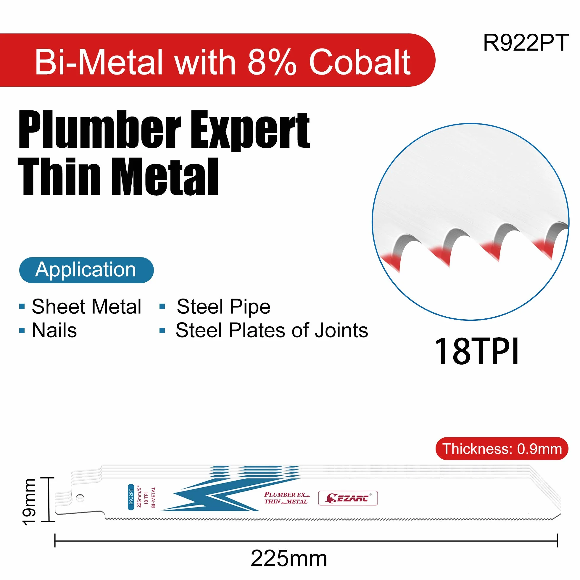 EZARC Brzeszczot do piły szablastej bi-metalowe kobaltowe brzeszczoty do cięcia cienkiego i średniego metalu 225 mm 18TPI R922PT (5-pak)