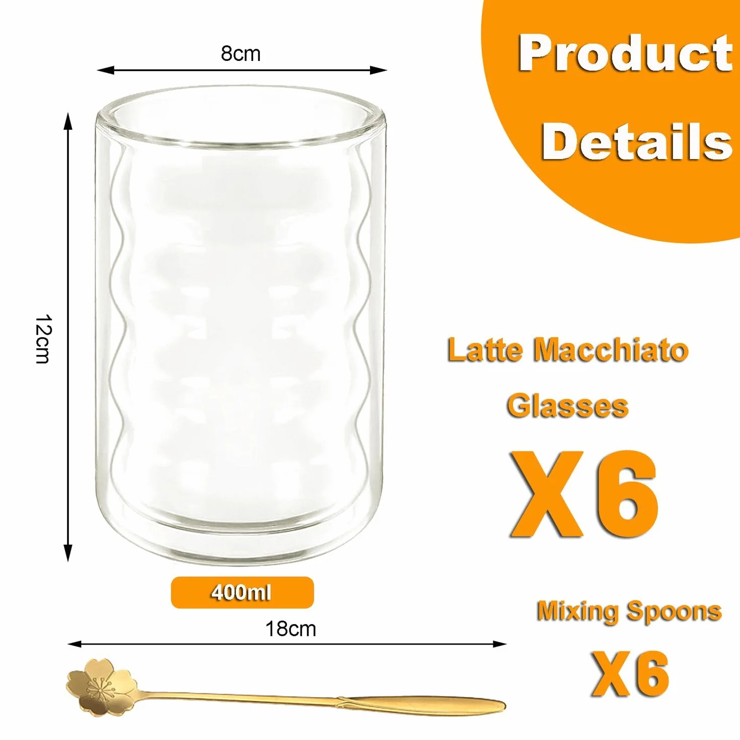 Szklanki do latte macchiato z podwójnymi ściankami, 400 ml, do kawy, cappuccino, espresso i herbaty, spiralne szklanki termiczne, ze szkła borokrzemowego, 6 szklanek i 6 łyżeczek