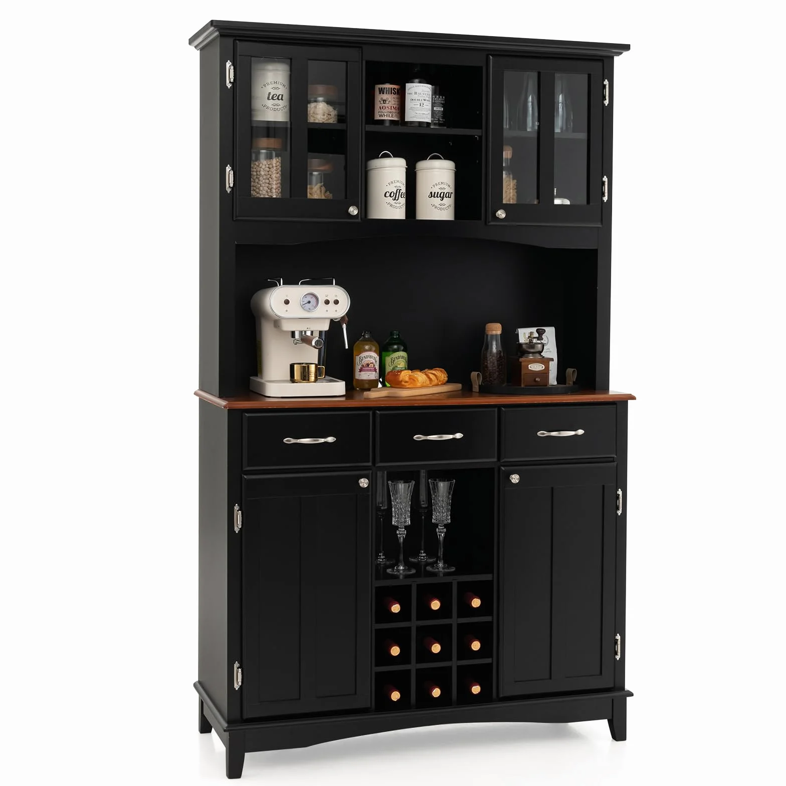 COSTWAYszafka kuchenna bufet z 3 szufladami, regałem na wino, otwartymi półkami i blatem roboczym, wysoka szafka bufetowa z regulowanymi półkami, 112 x 43 x 184,5 cm, czarna