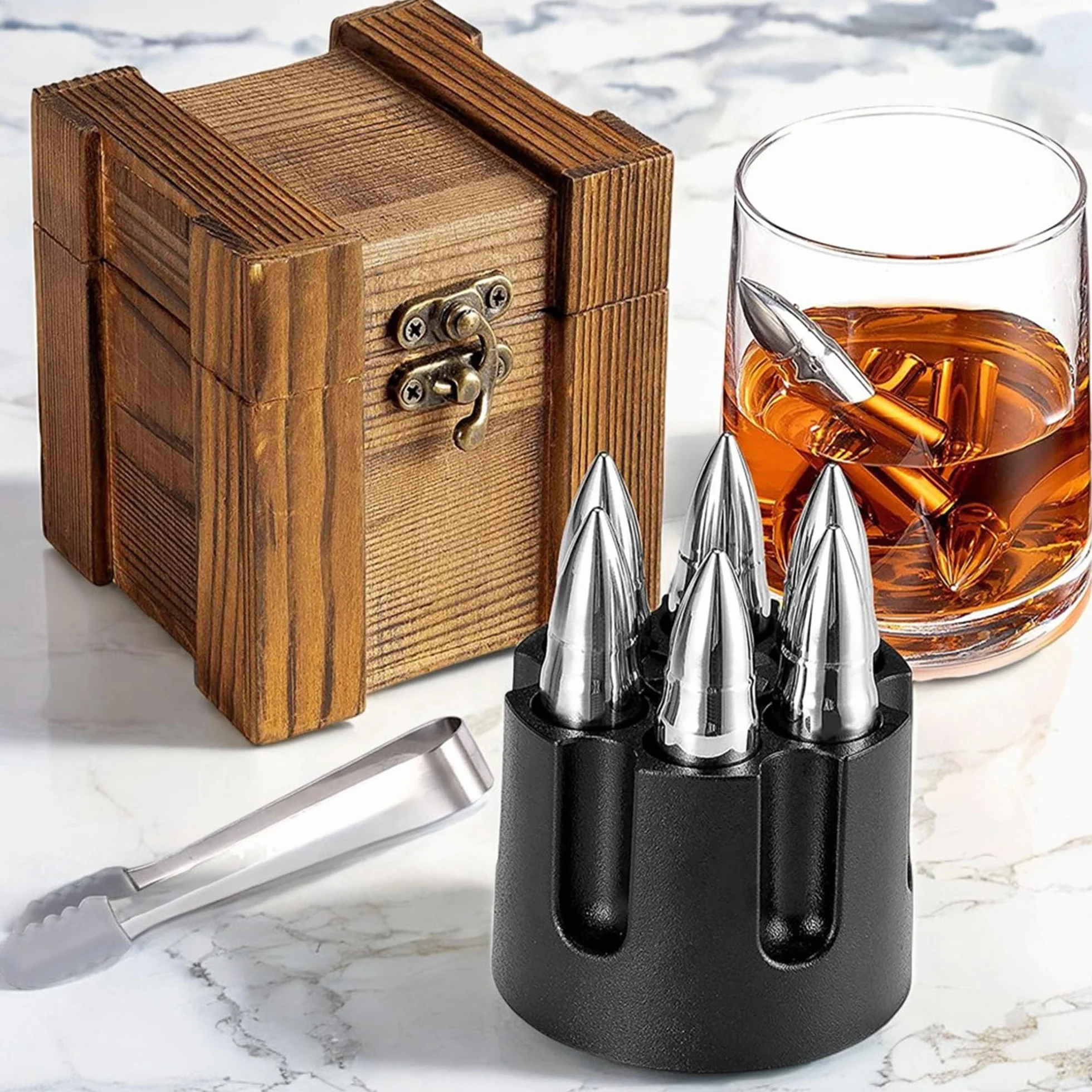 YUEMING Zestaw kamieni do whisky 6 kamieni 1 szczypce kostki lodu wielokrotnego użytku