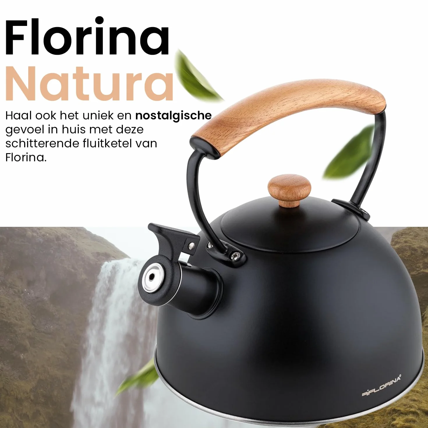 FLORINA Wooden czajnik na wodę, indukcyjny, do wszystkich rodzajów kuchenek, 2,3 l, stal nierdzewna, uchwyt drewniany, Cool-Touch, do kawy, szklanej, ceramicznej, gazowej, elektrycznej, czarny, 5C7084
