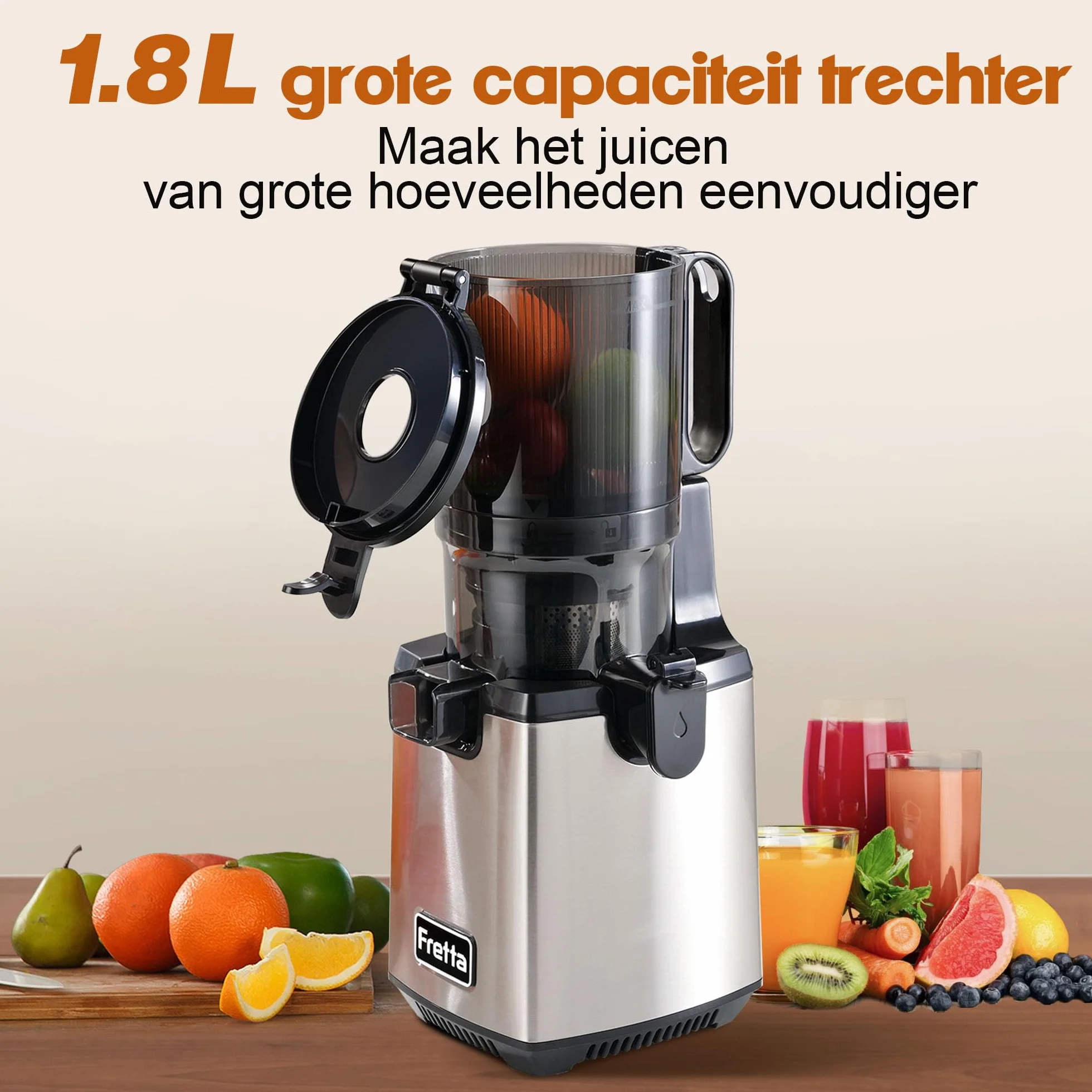 Fretta Wyciskarka wolnoobrotowa Slow Juicer, zwycięzca testu, otwór 135 mm i wyciskarka do soków 1,8 l z funkcją odwrócenia, łatwy montaż i czyszczenie, w 100% wolna od BPA, 250 W (Srebrny Metaliczny)