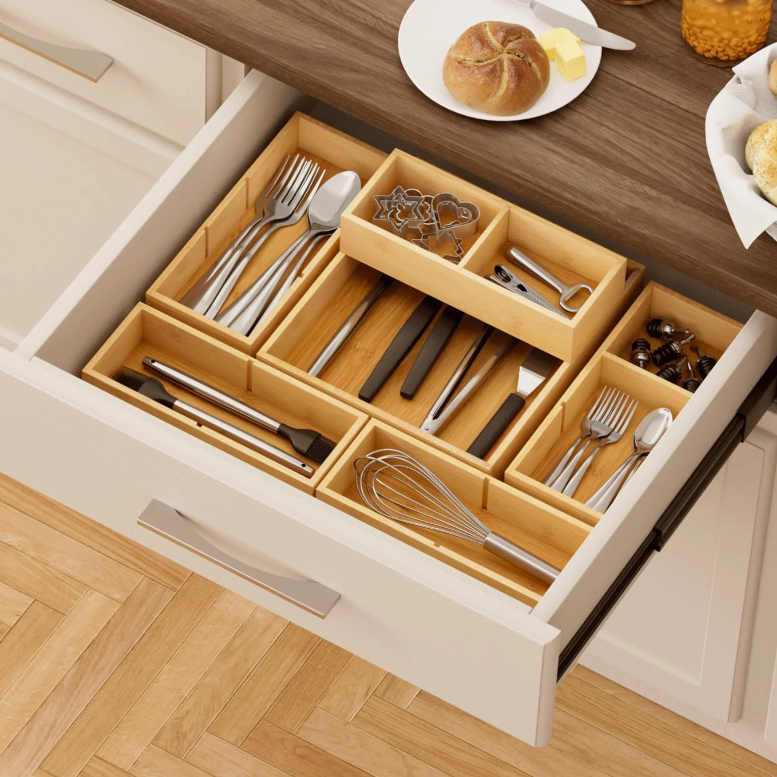 Lifewit 5 Częściowy Bambusowy Organizer do Szuflady (11 Kratek) z 6 Wkładkami, Regulowane Przegródki do Szuflad na Biurko, Makijażu, Przyborów Kuchennych w Biurze, Lazience, Sypialni