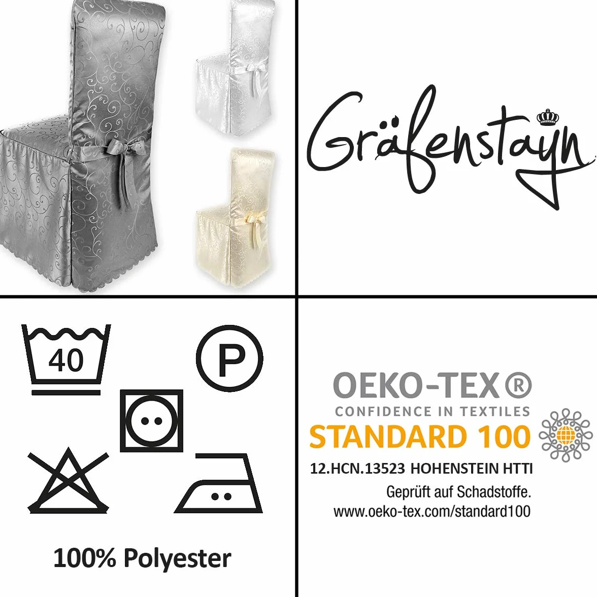 Gräfenstayn® Pokrowiec na krzesło Sofia z kokardką, wzór żakardowy, okrągłe i kwadratowe oparcia krzesła, uniwersalne dopasowanie (antracytowy)