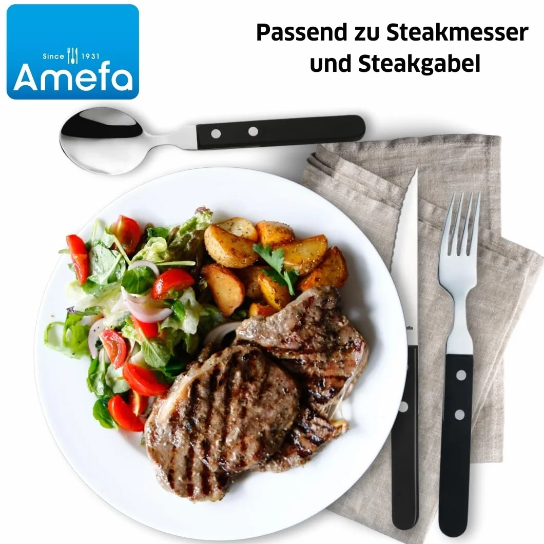 Amefa PIZZA 7000 zestaw łyżek do pizzy/steków dla 6 osób, czarny uchwyt, stal nierdzewna 18/0, polerowana i nierdzewna, 2-krotnie nitowane uchwyty z drewna Pakka, sztućce do pizzy, sztućce do steków,