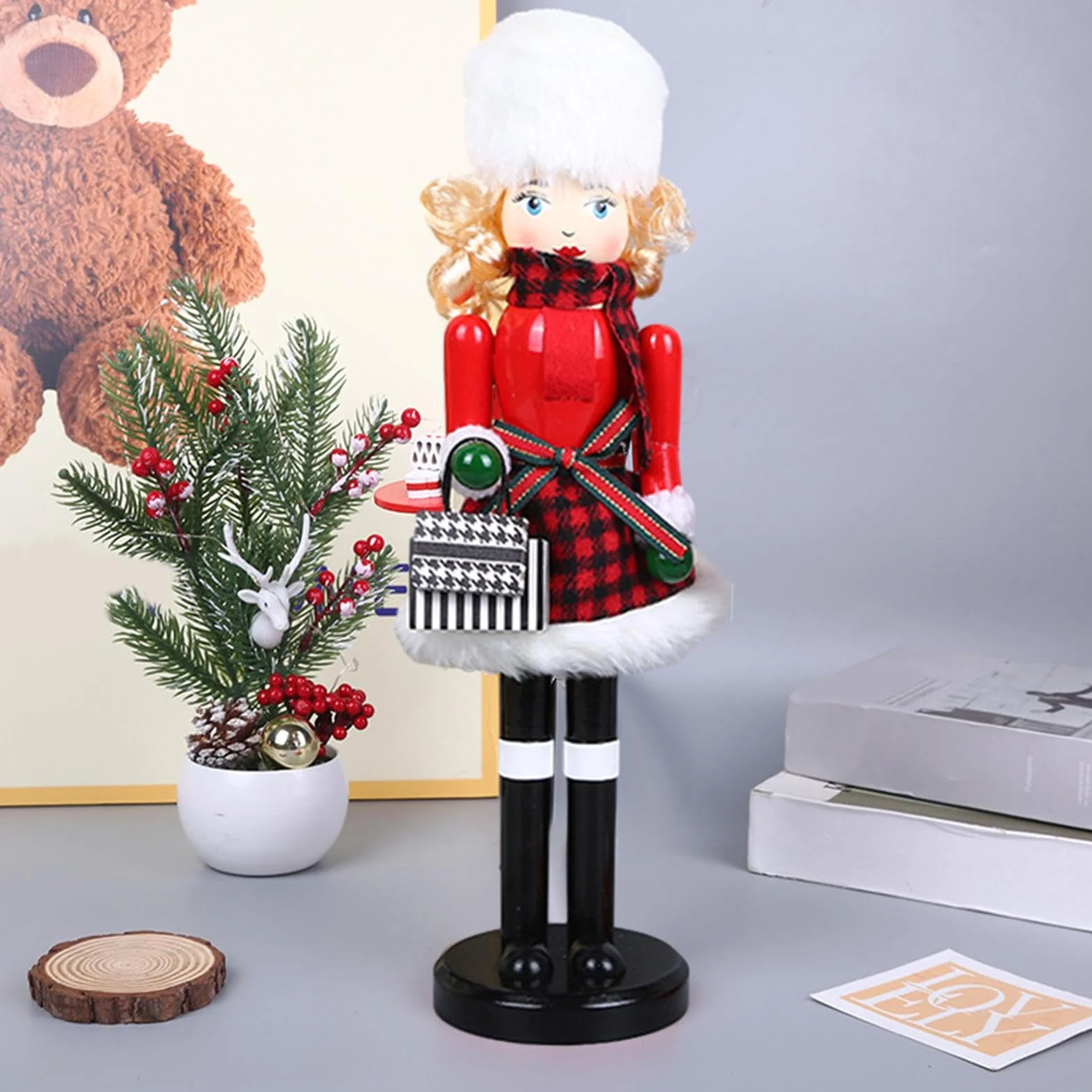 Woman Nutcracker Christmas Decorations, Wooden Nutcracker Figures 15.55x4.13 Inches, Puppet Christmas Table Decor, Bookshelf, Hotel, Cafe, Wood, Reusable Material