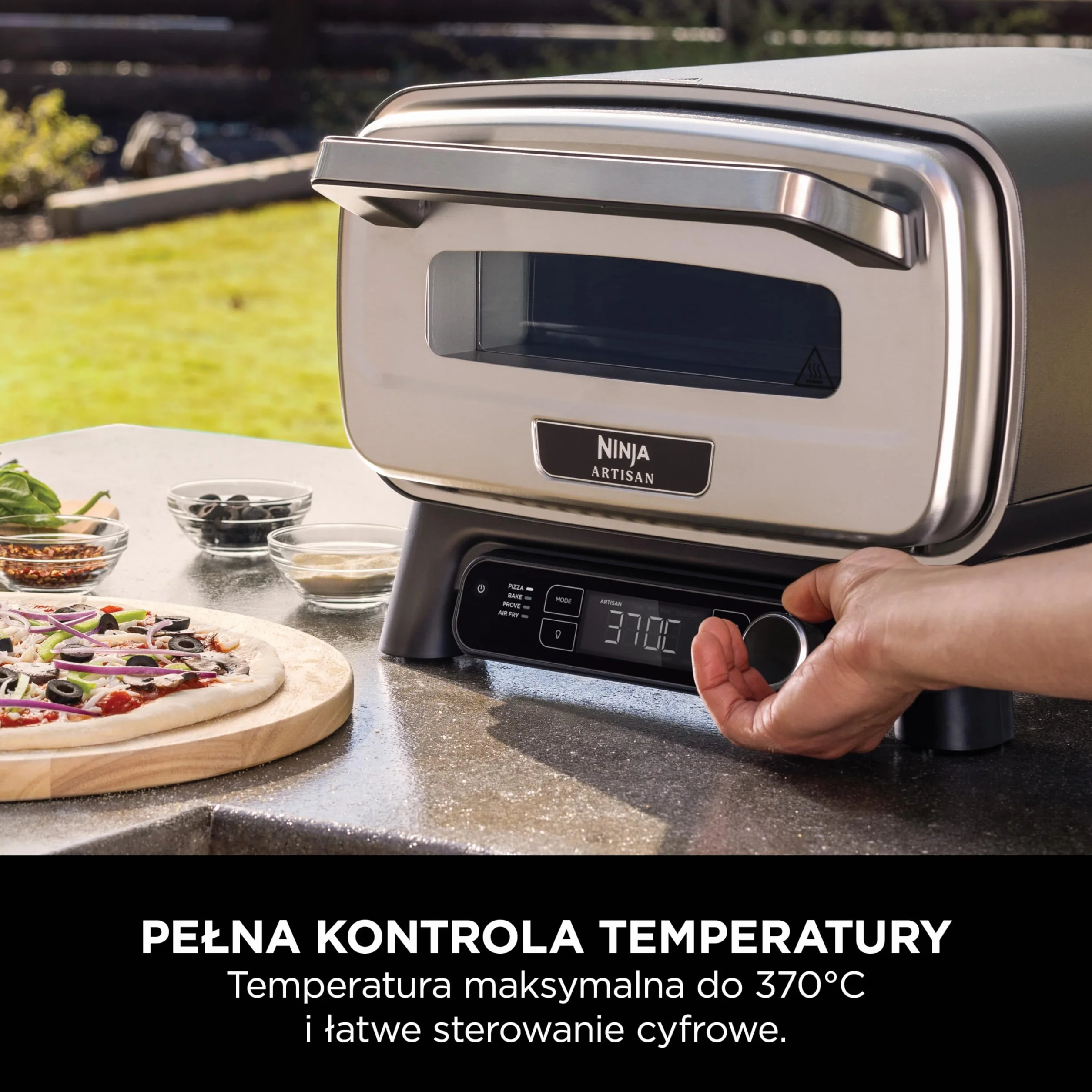 Ninja Artisan Elektryczny piec do pizzy i frytkownica, 4 funkcje: Pizza, Smażenie beztłuszczowe, Wypieki i Garowanie ciasta, 5 ustawień pizzy, kamień 30 cm, łopatka, blacha, kosz, szary MO201EU