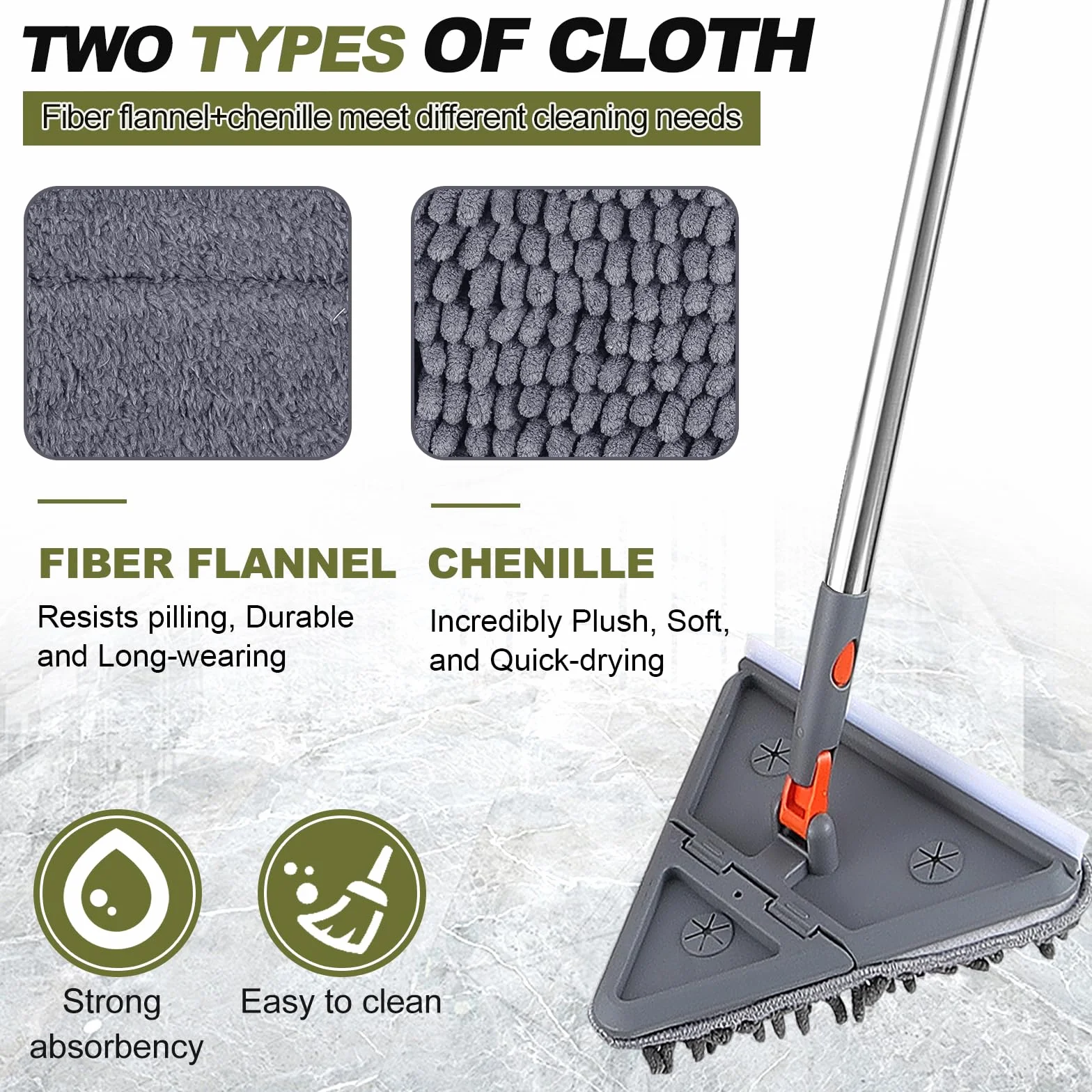 Regulowany trójkątny mop, mop do czyszczenia z długim uchwytem 200 cm, wysuwany mop do czyszczenia, regulowany mop obrotowy o 180°, mop do czyszczenia z 8 podkładkami podłogowymi, ścianą