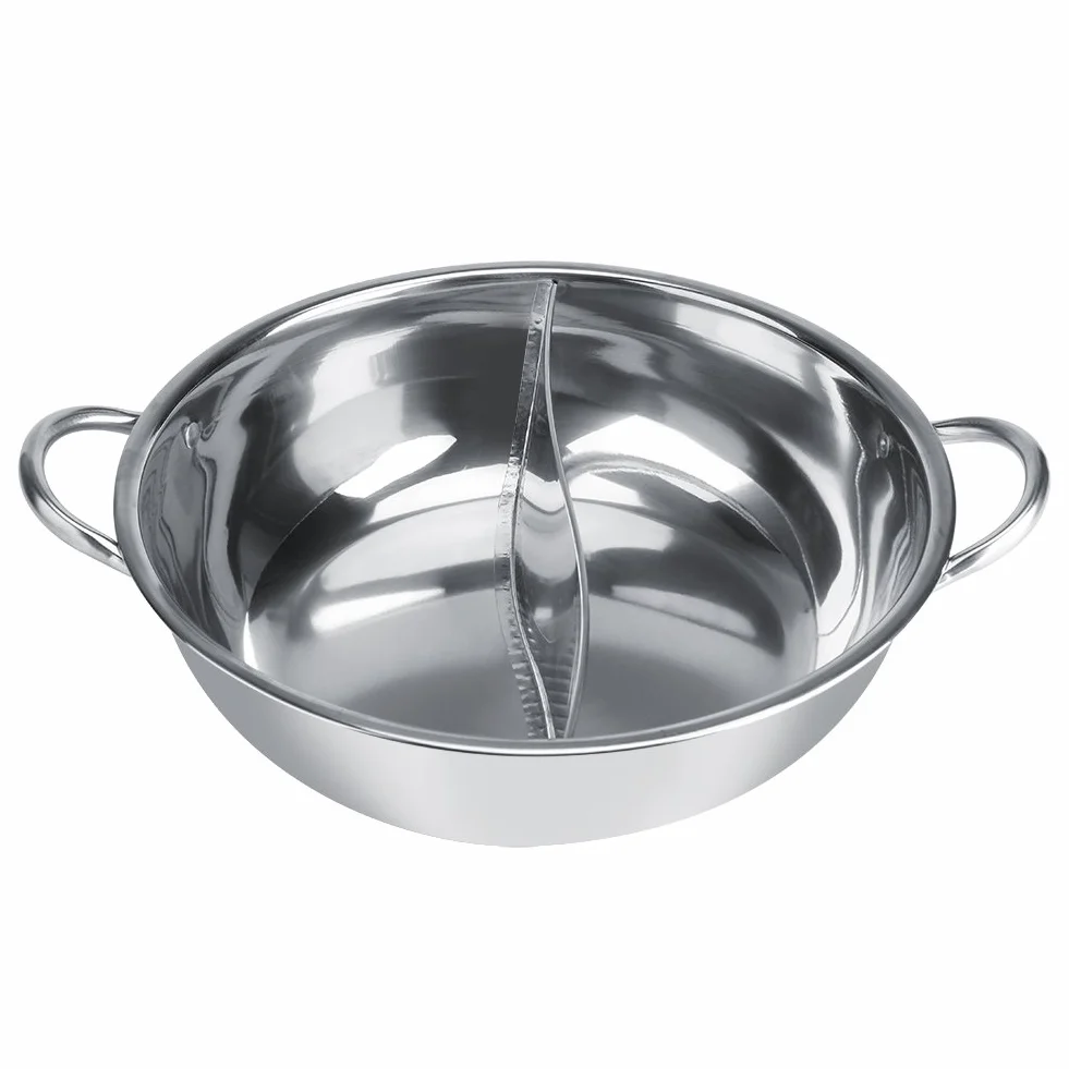 Chiński Hot Pot, dwupokojowy garnek ze stali nierdzewnej Shabu-Shabu, głęboki dla 4-5 osób, używany z kuchenką indukcyjną / piekarnikiem gazowym / piekarnikiem elektrycznym / płytą ceramiczną - srebrny (34cm)