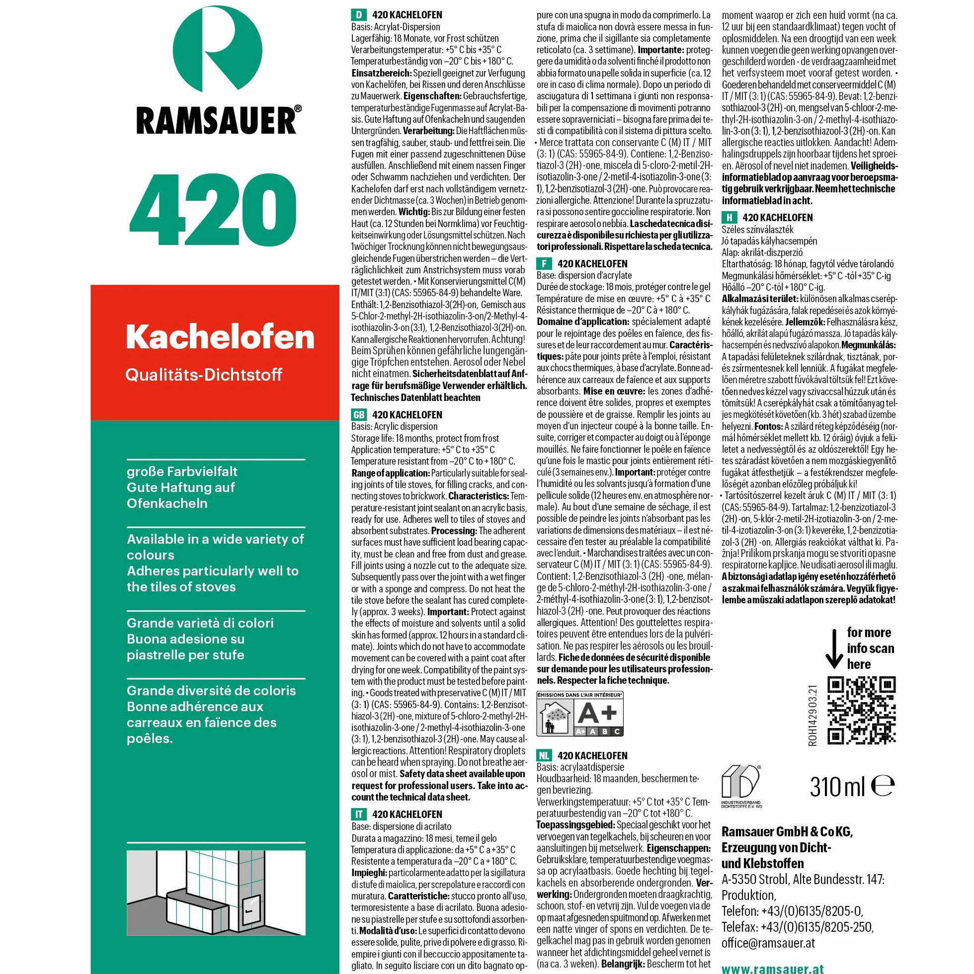 Ramsauer 420 piec kaflowy – profesjonalny akrylowy środek uszczelniający do fug piecowych i spoin przyłączeniowych – wkład 310 ml (czysta biel)
