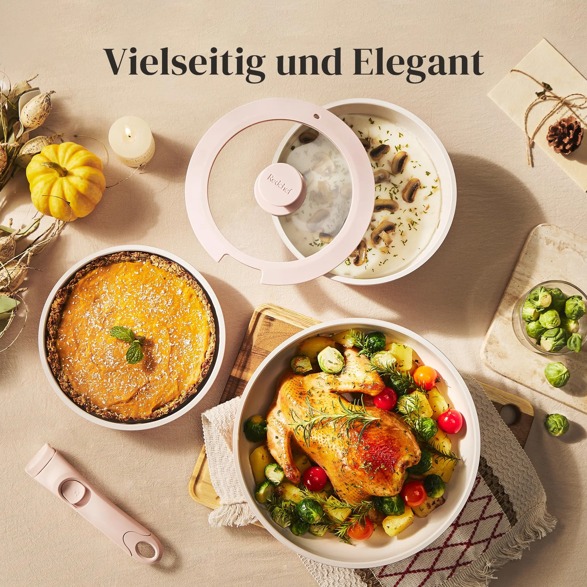 Redchef 16-cz ceramiczny zestaw garnków i patelni, nieprzywierający, nietoksyczny (bez PFAS/PFOA/PTFE), bezpieczny w zmywarce i piekarniku, z odczepianą rączką (różowy)