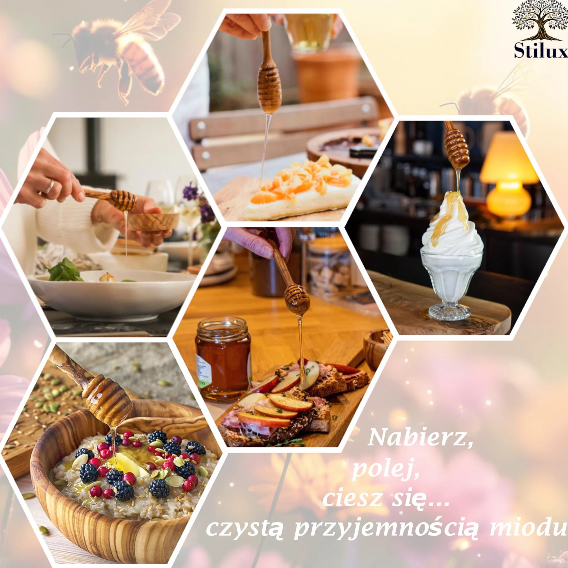 łyżka do miodu z drewna oliwkowego, 15 cm, do miodu i syropu, spirala miodowa, bez kapania, z prawdziwego drewna oliwkowego