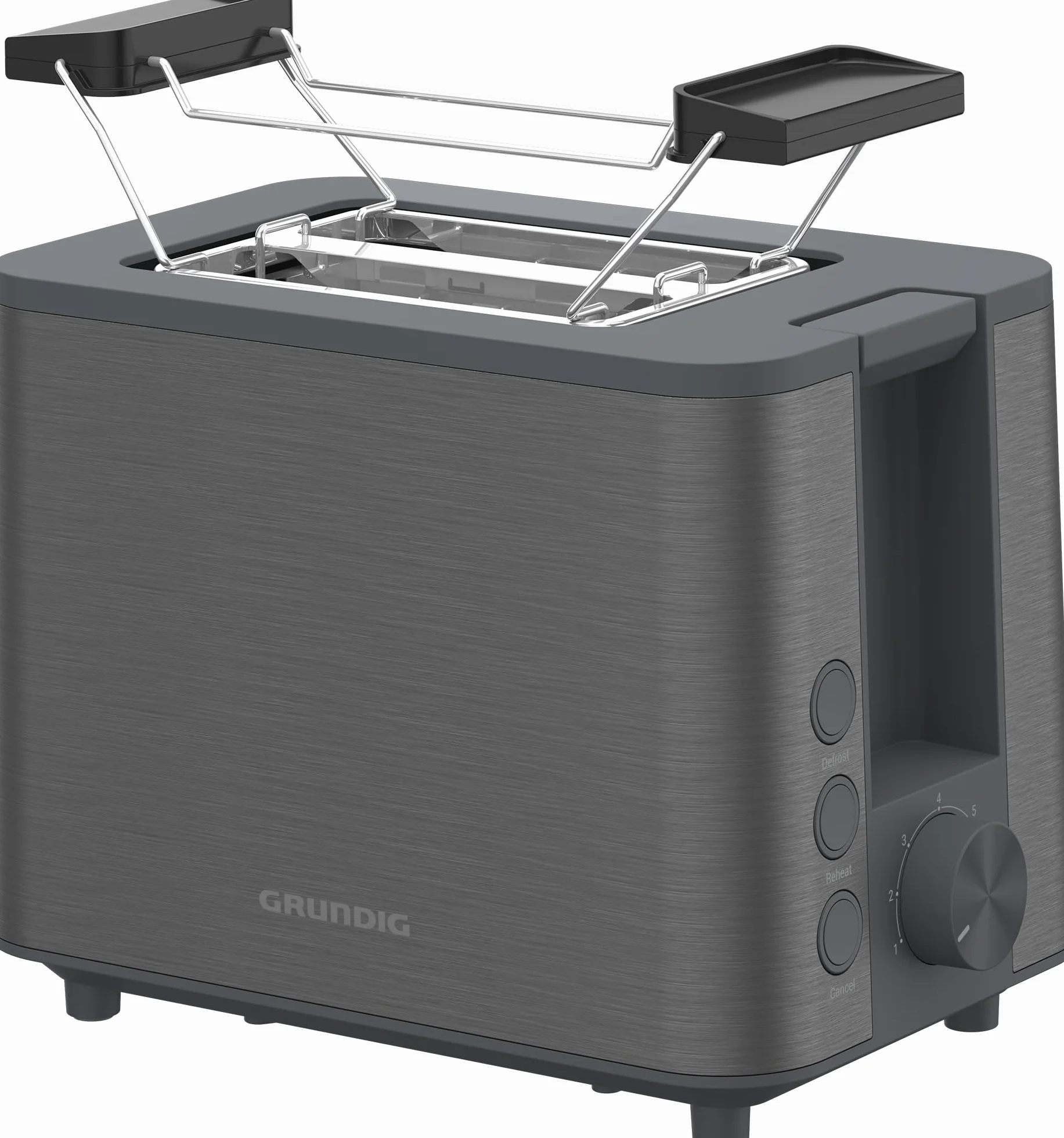 Grundig TA 7340 toster, moc 950 W, automatyczna funkcja pop-up i centrowanie chleba, zmienny stopień opiekania, wyjmowana szuflada na okruchy, 2 przegródki do pieczenia, zwijanie kabla, Dark Inox