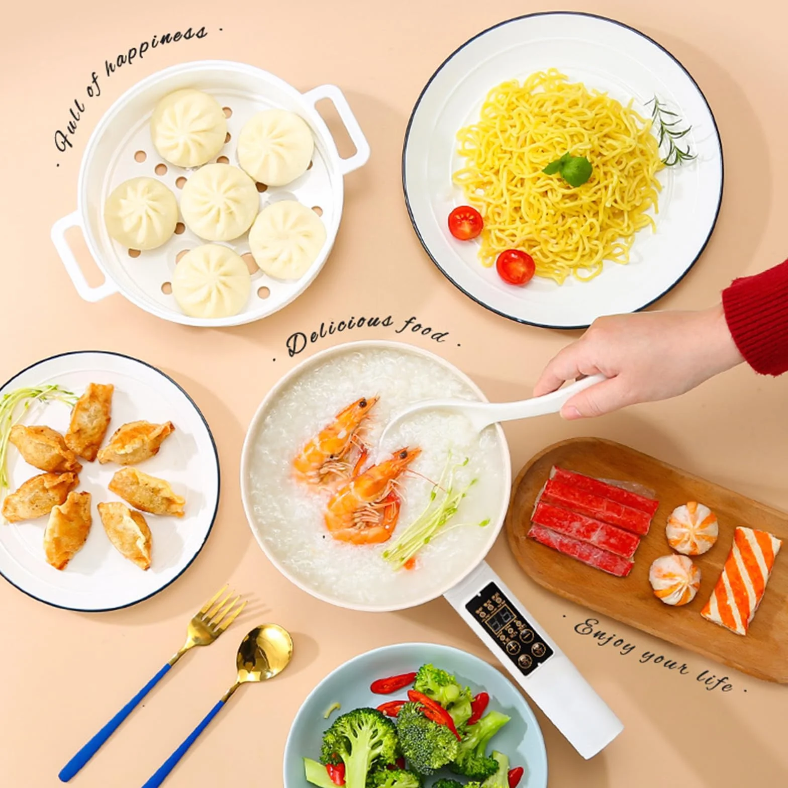 Elektryczny garnek Hot Pot z parowarem, elektryczny hot Pot 1,6 l, mini nieprzywierający garnek wielofunkcyjny, nieprzywierająca mini patelnia elektryczna, funkcja planowania, szybka kuchenka do ramen