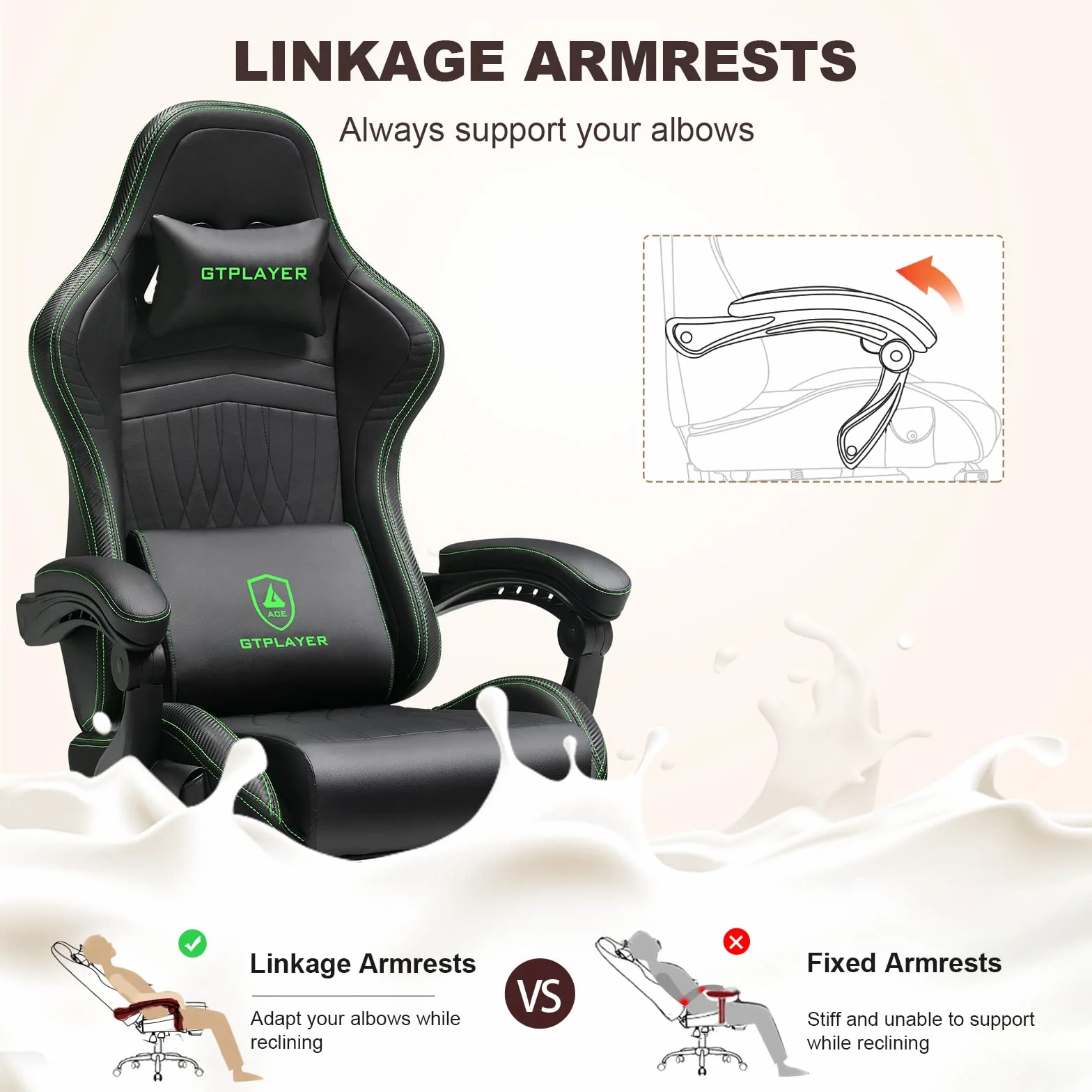 GTPLAYER Ergonomiczne krzesło do gier z podnóżkiem, głośnik, muzyka, maksymalne obciążenie: 150 kg, czarny/zielony