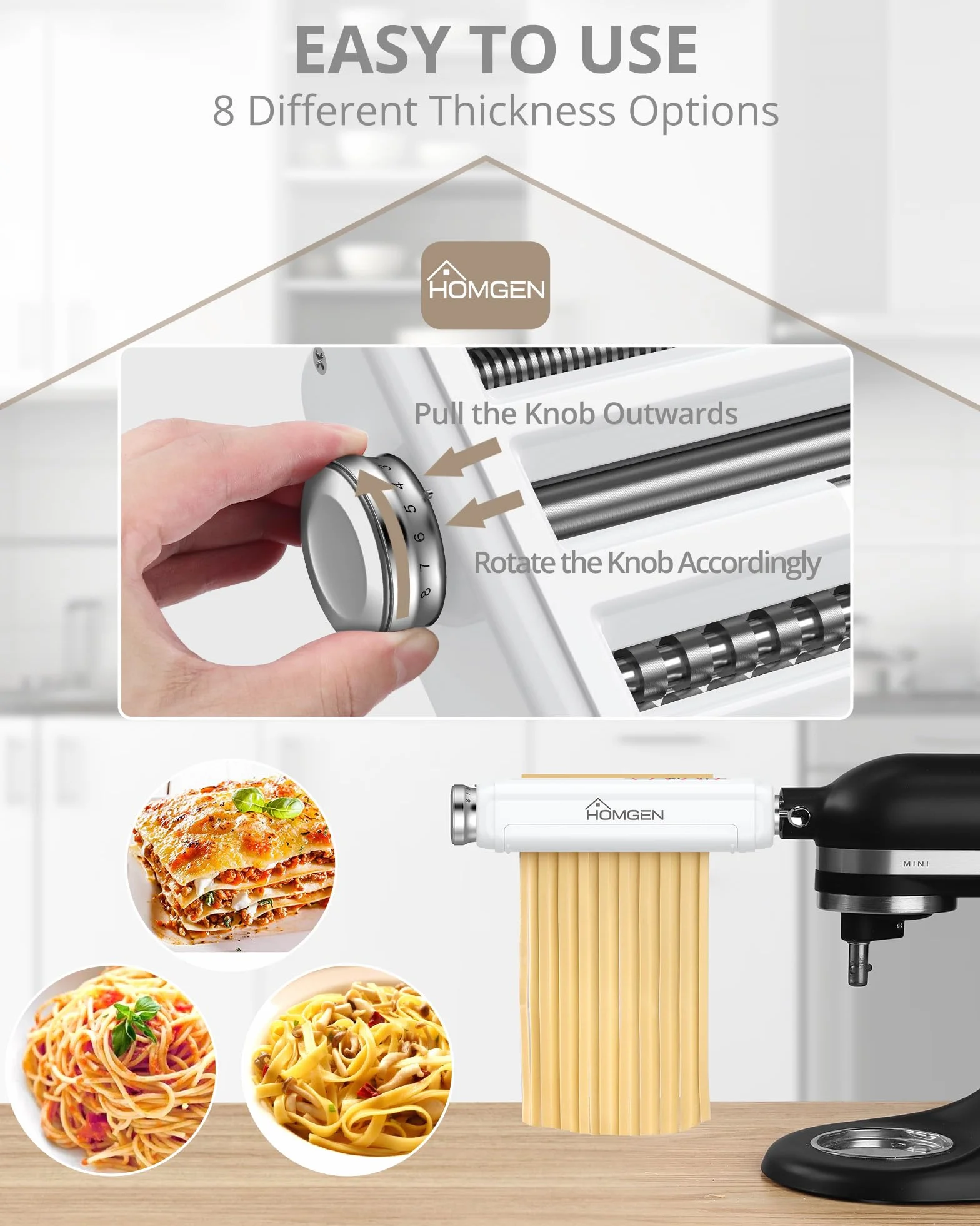 HOMGEN Nasadka do makaronu 3 w 1 do miksera KitchenAid, zestaw z wałkiem, krajalnicą do spaghetti i fettuccine, wytrzymałe nakładki ze stali nierdzewnej