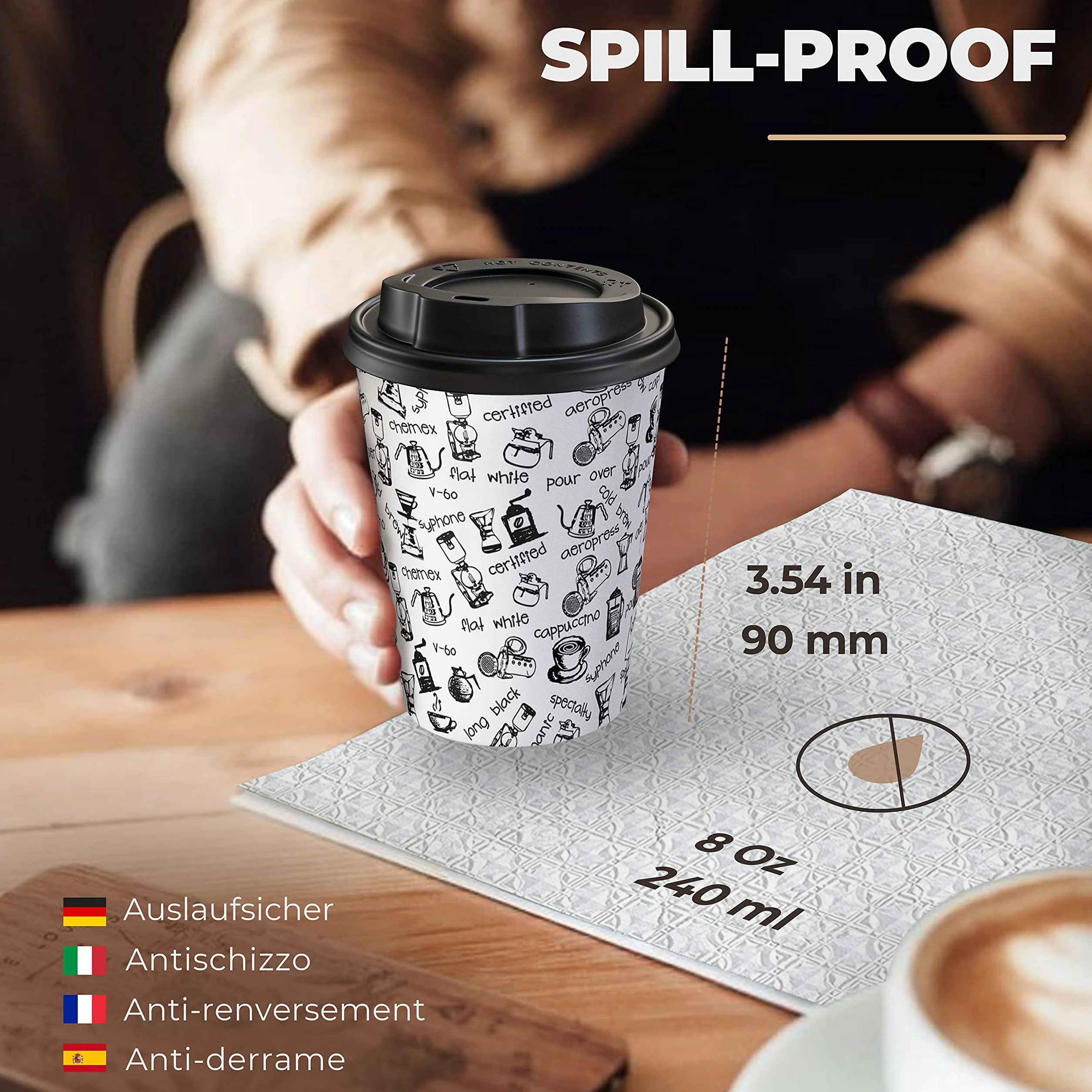 CupCup 100 Papierowych Kubków 240 ml, z Pokrywką i Drewnianymi Pałeczkami do Mieszania – Jednorazowy Kubek do Kawy, Herbaty, Gorących i Zimnych Napojów