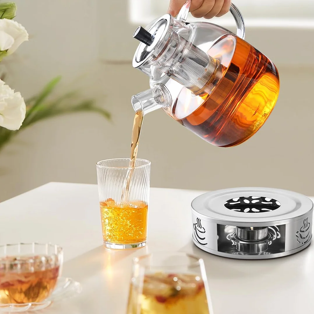 Dzbanek do herbaty z podgrzewaczem, 1800 ml, szklany dzbanek do herbaty z sitkiem ze stali nierdzewnej i pokrywką, odporny na wysokie temperatury, dzbanek do kawy, szkło borokrzemowe, zaparzacz do