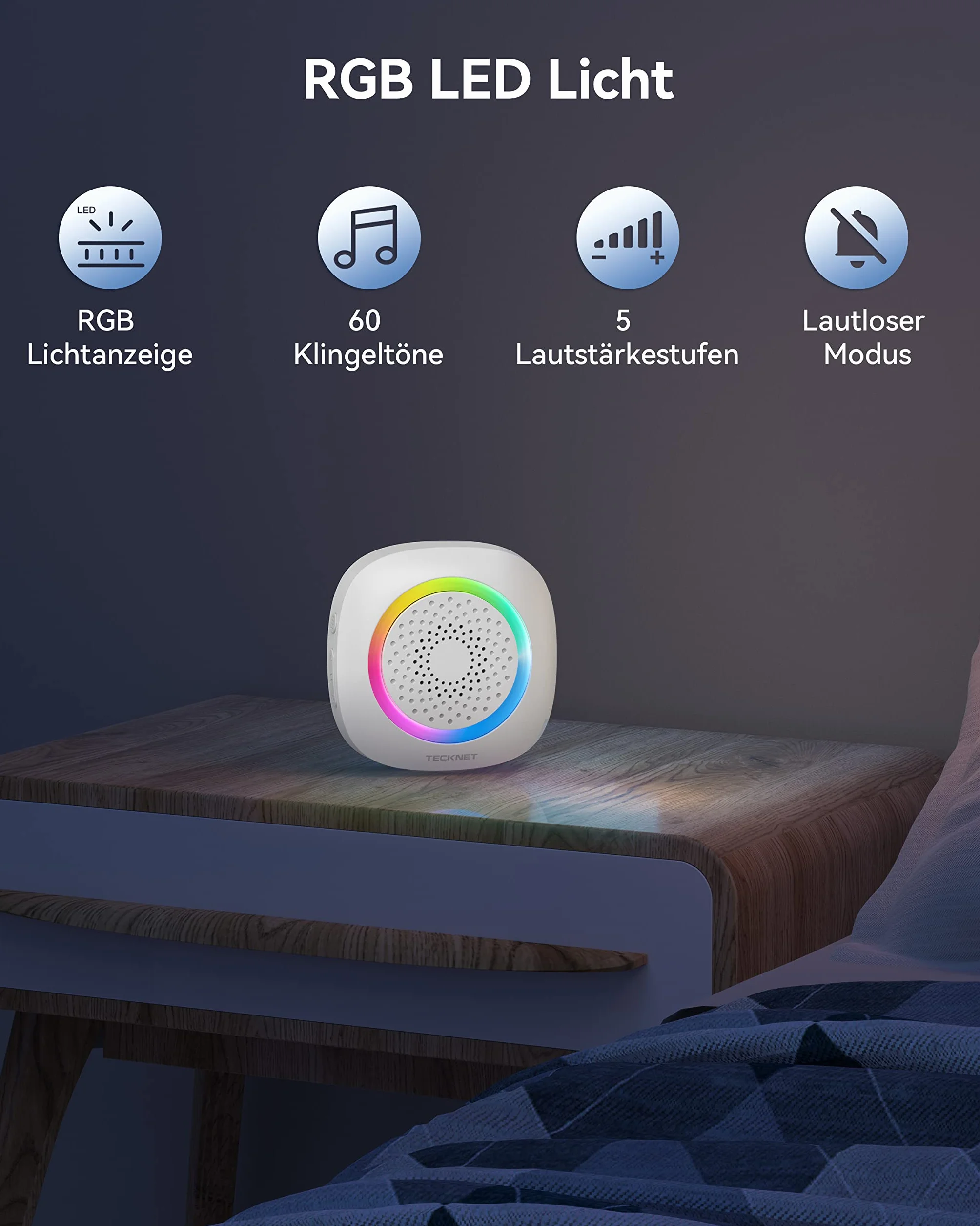TECKNET Bezprzewodowy Dzwonek z 2 Przenośnymi Odbiornikami, Dzwonienie z RGB, Na baterie, IP66, Zestaw Dzwonków Wodoodpornych, Zasięg 1300ft, 60 Melodii i 5 Poziomów Głośności, Czas Pracy do 4,5 Roku
