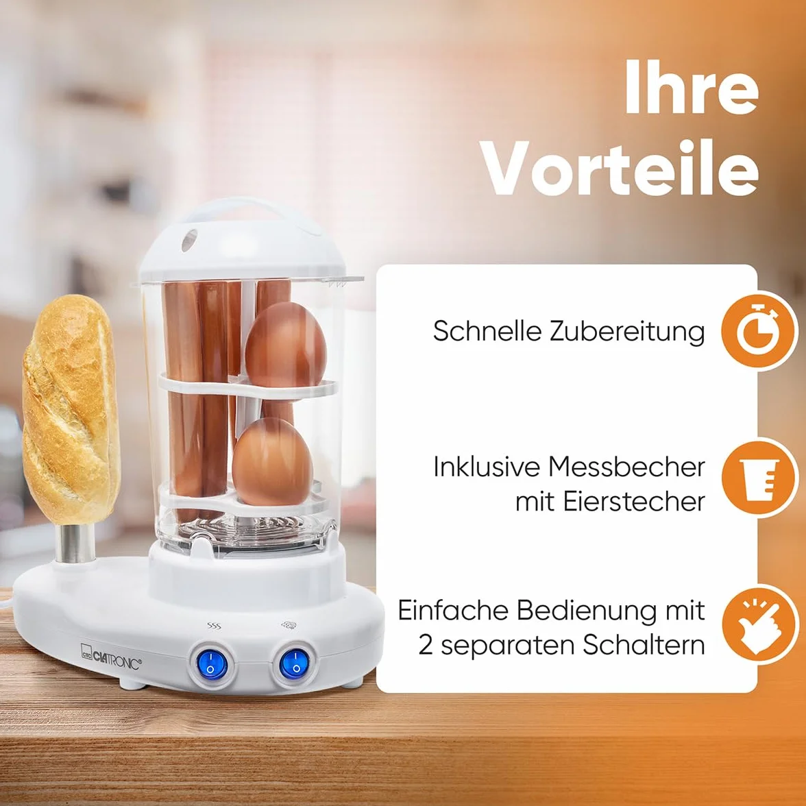 Clatronic HDM 3420 - 2 w 1: producent hot dogów i kotłów do jajek w jednym, białym, 380 W