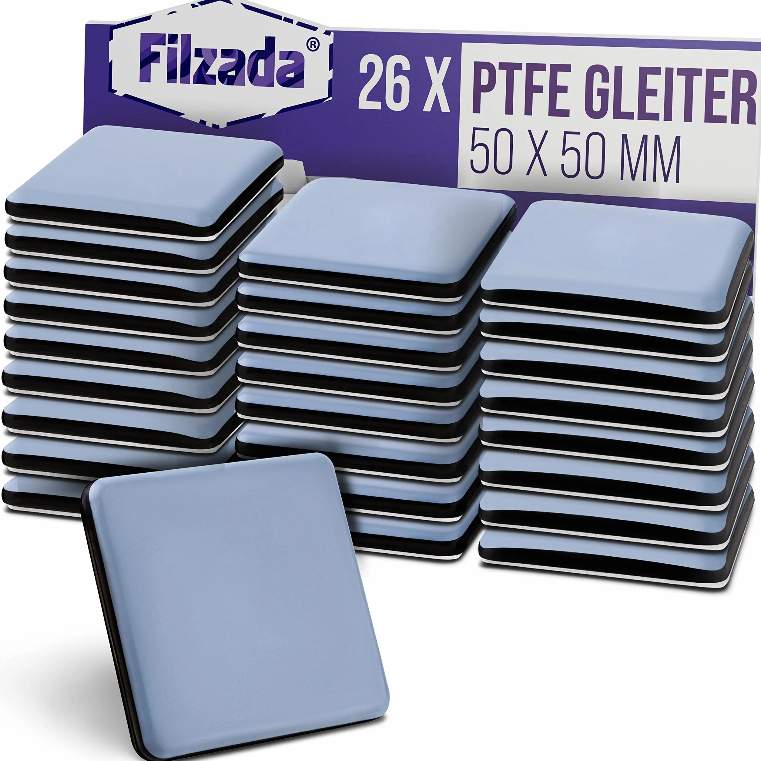 Filzada® 26x Ślizgacze teflonowe samoprzylepne - 50 x 50 mm (kątowe) - profesjonalne ślizgacze meblowe/ślizgacze dywanowe PTFE (teflon)