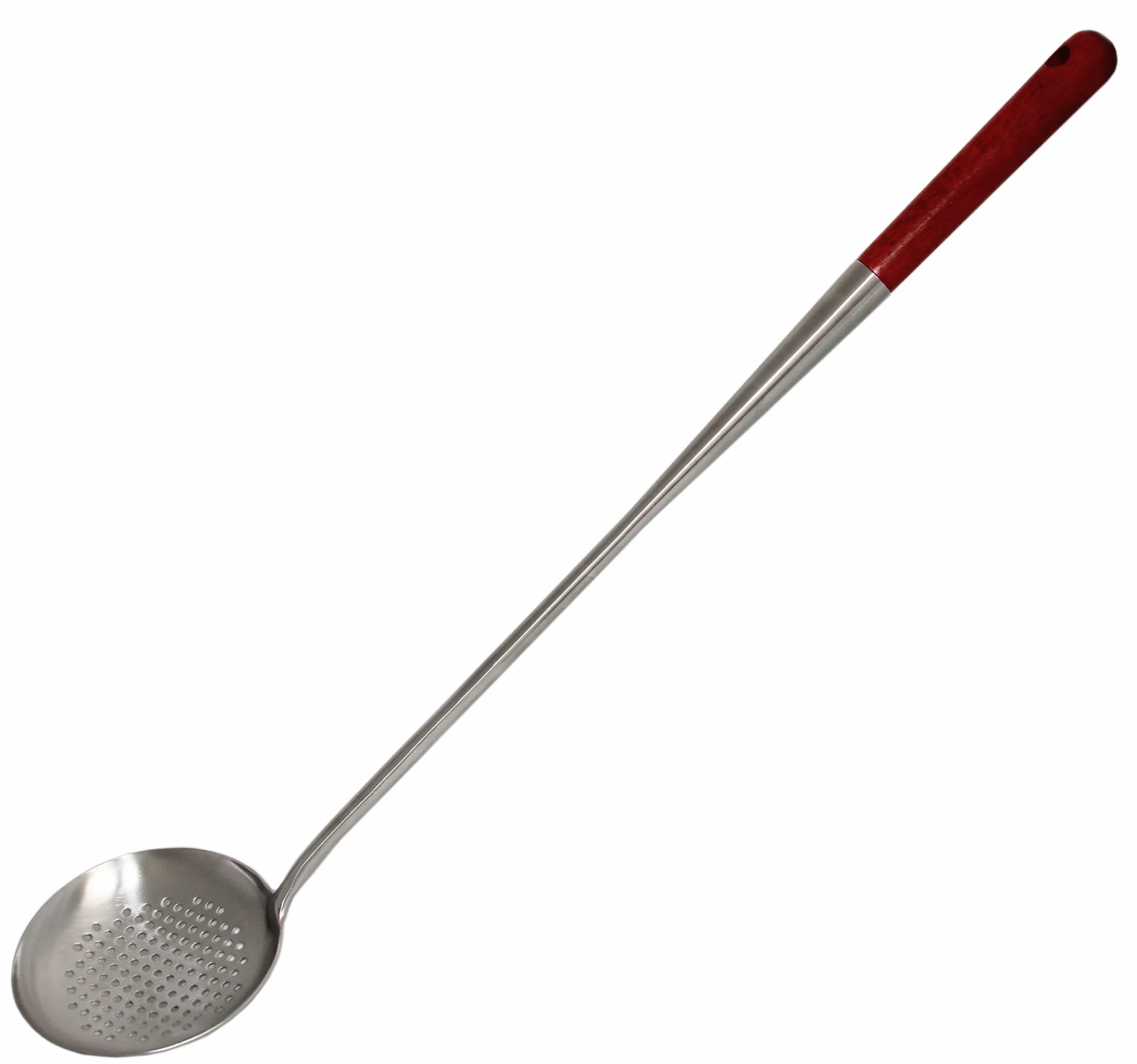 Długa, stabilna łyżka cedzakowa, długość 60 cm, Ø 12,3 cm, drewniany uchwyt, chochla do zupy ze stali nierdzewnej