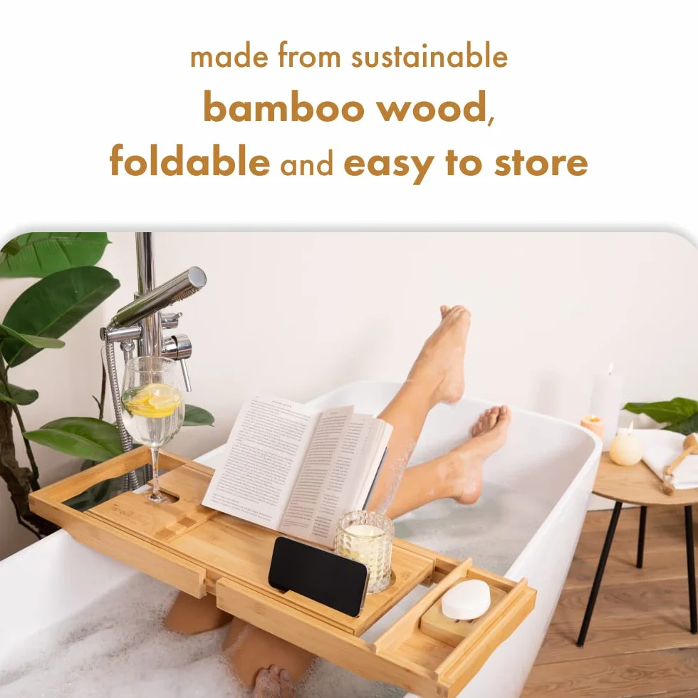 Tranquil Beauty Premium pojemnik na wannę, naturalny, zrównoważony bambus, deska łazienkowa z iPadem, tabletem i stojakiem na telefon, wysuwany drewniany stojak na wannę, regulowana taca łazienkowa z
