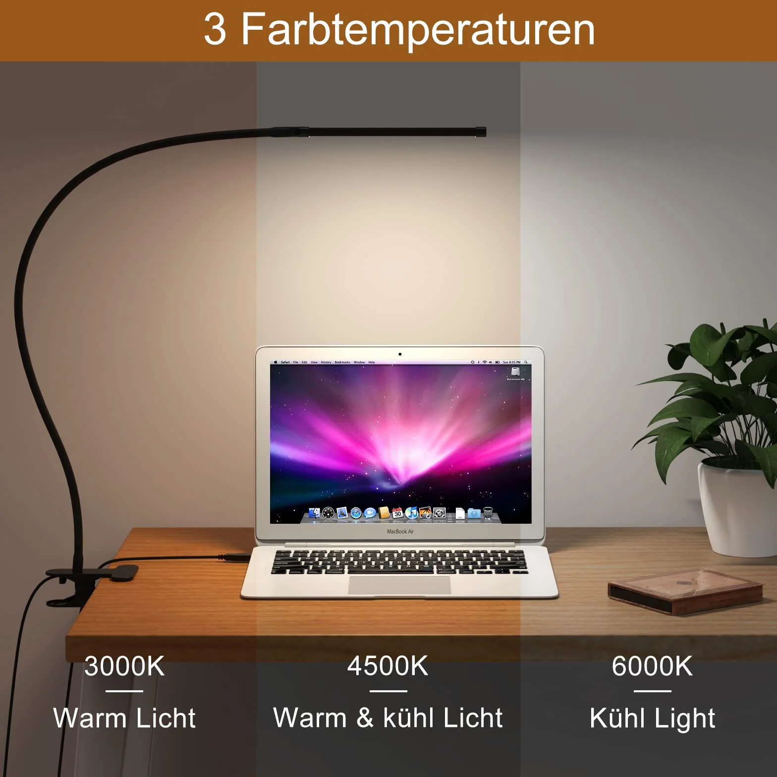 Lampa biurkowa iZELL 77 LED [niezwykła moc oświetlenia] Lampa 70 cm z zaciskiem, 3 kolory i 10 poziomów jasności 360° Elastyczna lampa do czytania z ładowarką USB do domu/bi