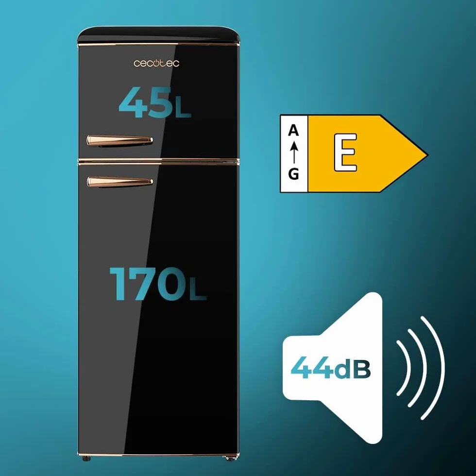Cecotec 2-drzwiowa lodówka 215 l Bolero CoolMarket 2D Origin 215 Black E. Wysokość 148,2 cm i 55,2 cm szerokości, LED, chromowany uchwyt, szklane tace, regulacja temperatury, czarny
