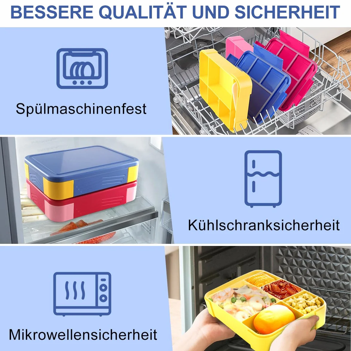 YC Kitchen pudełko śniadaniowe, 1200 ml, z 5 przegródkami, szczelny lunchbox Bento ze sztućcami, nadaje się do mikrofalówki i zmywarki (w kolorze niebieskim)