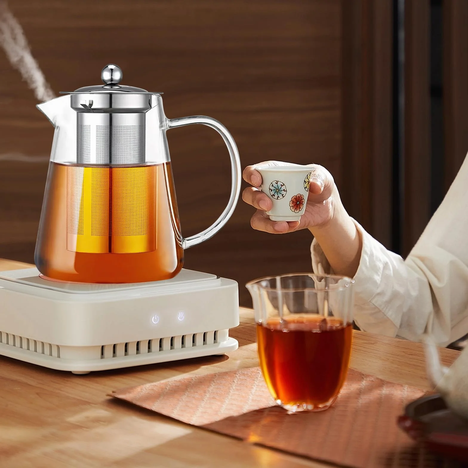 Dzbanek do herbaty 1300 ml, szklany z sitkiem i podgrzewaczem, podgrzewacz ze stali nierdzewnej, szkło borokrzemowe, zaparzacz do herbaty, dzbanek do herbaty sypkiej, herbaty owocowej