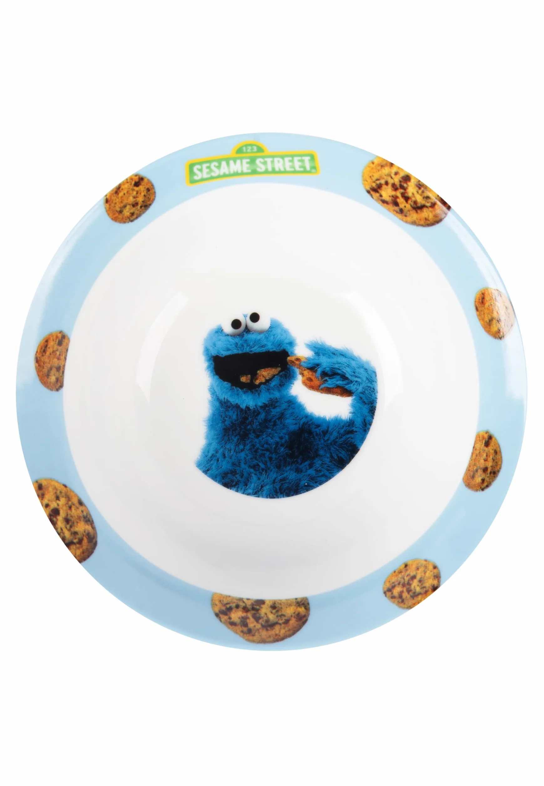 Ulica Sezamkowa Zestaw śniadaniowy Cookie Monster 3-częściowy porcelanowy niebieski talerz miska kubek
