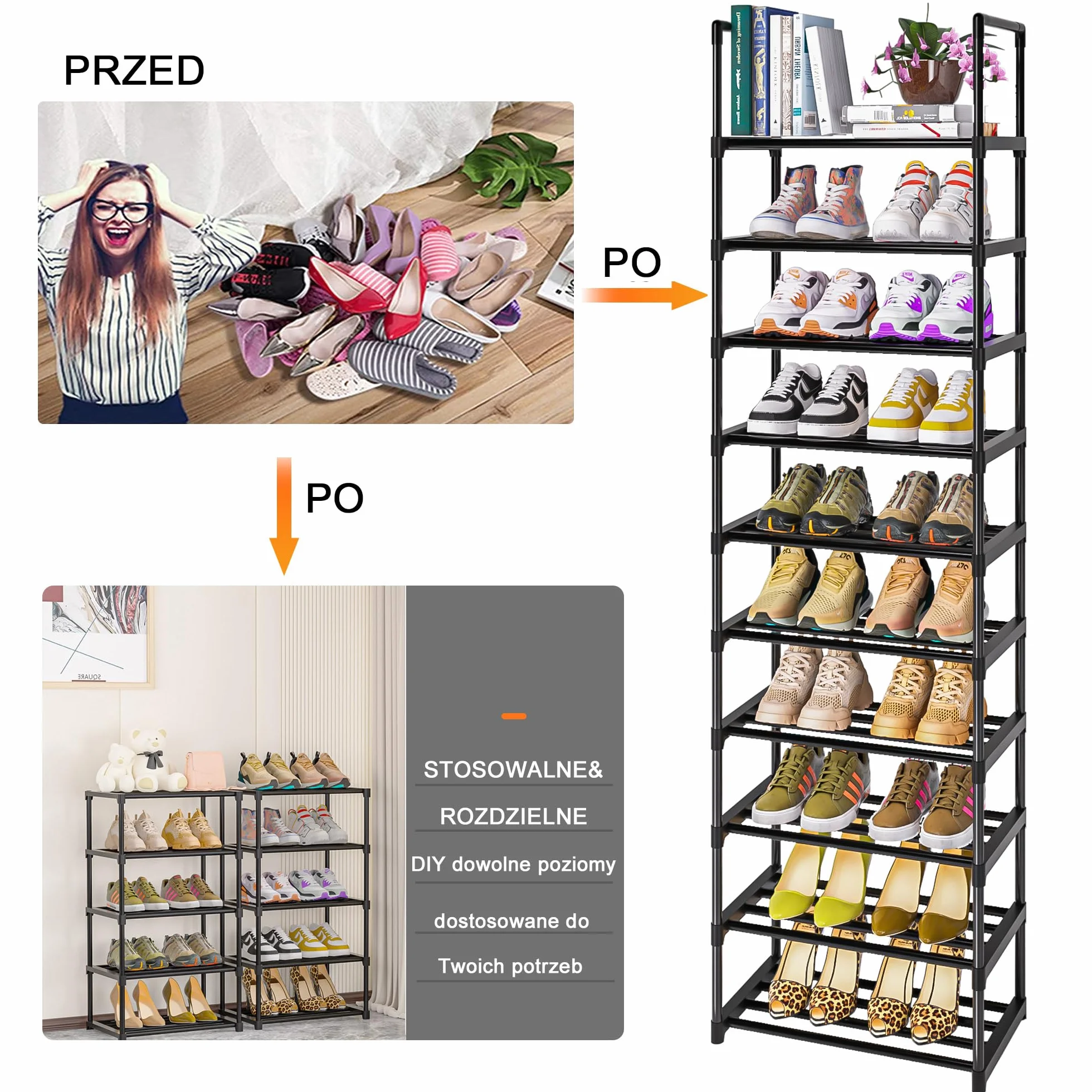 OYREL 10 poziomami przyrostu miejsca na 20-25 par, wysokie i wąskie metalowe, do wejścia, salonu, pokoju, DIY, półka stojąca, oszczędzająca miejsce