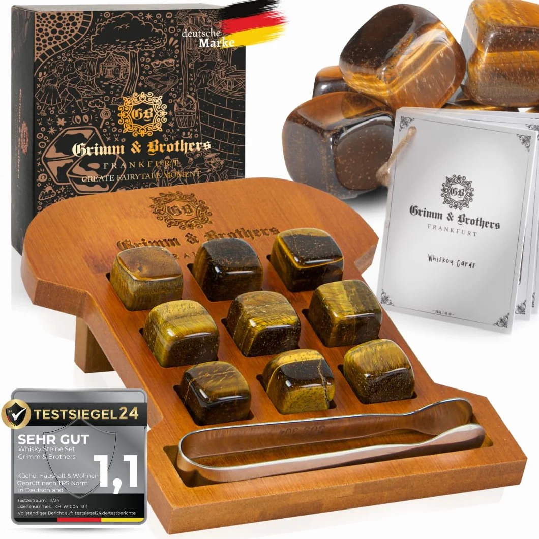 Grimm & Brothers: Zestaw kamieni do whisky, 9 kamieni tygrysie oko, grawerowana rama bambusowa, kamienie chłodzące, prezenty dla mężczyzn, kostki lodu wielokrotnego użytku, zestaw upominkowy