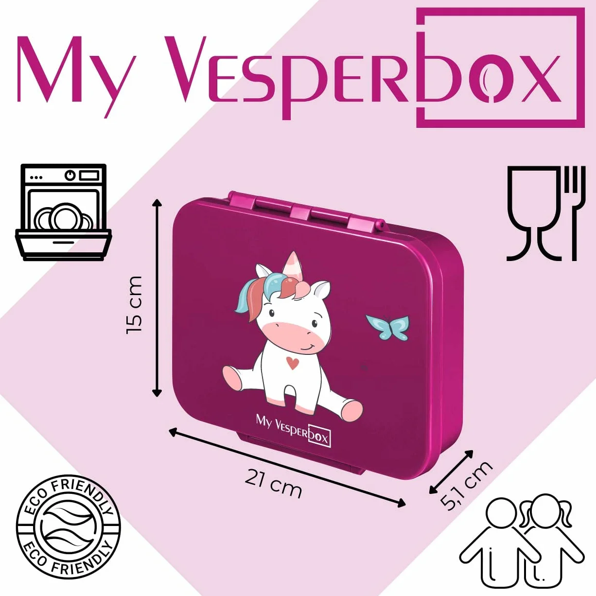Vesperbox Bia Bento Box dla dzieci szczelne wolne od BPA pudełko na lunch fioletowe siedzący jednorożec