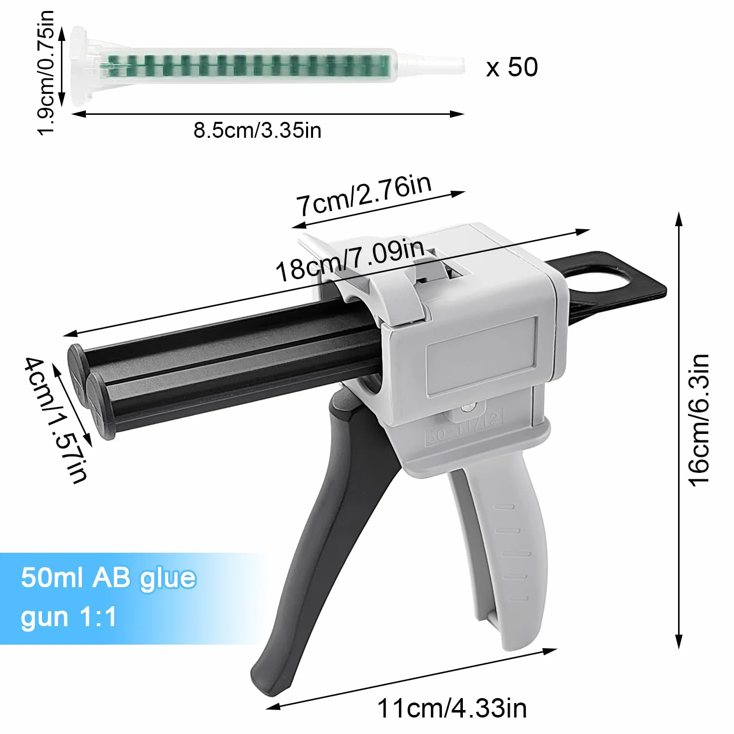 Zestaw pistoletów do klejenia, pistolet dozujący do mieszania, z 50 rurami mieszającymi F08, tubka z tworzywa sztucznego AB, pistolet do klejenia, pistolet 1:1, lekki, elastyczny i trwały (szary)