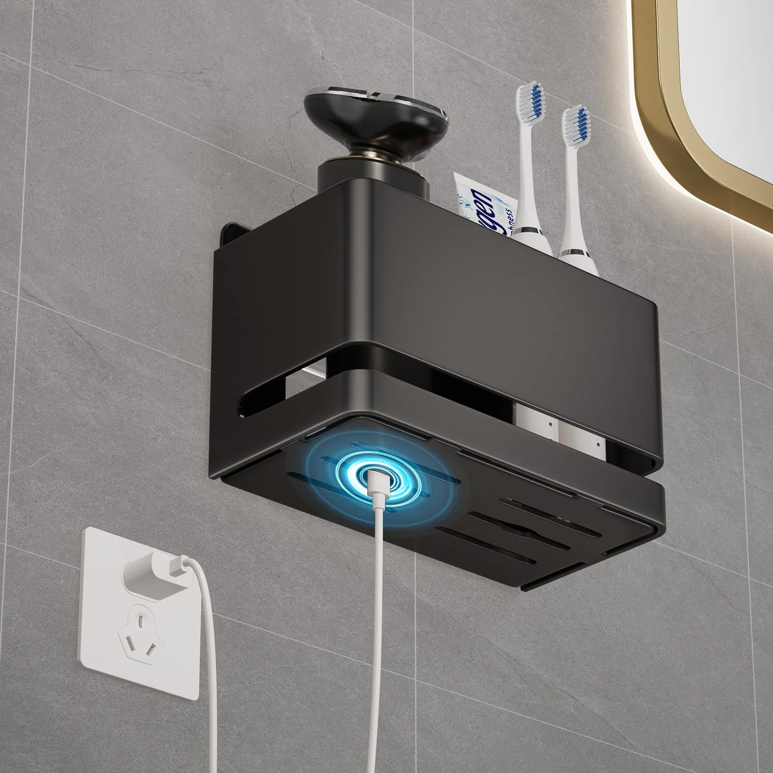 Aluminiowy uchwyt na elektryczną szczoteczkę do zębów, półka ścienna do łazienki, może pomieścić pastę do zębów i szczoteczkę do zębów.(Czarny 2-slotowy)