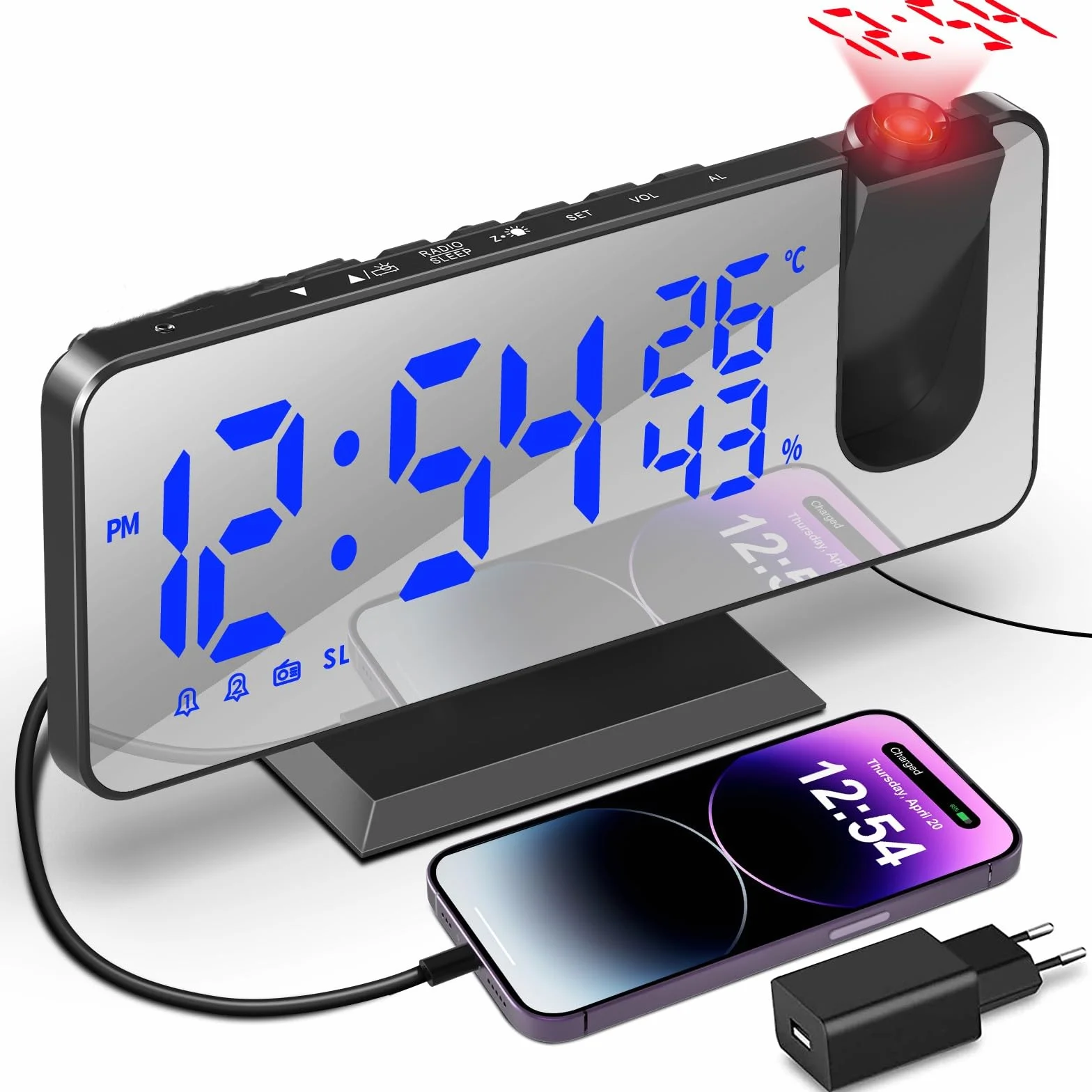 TAKRINK budzik cyfrowy z projekcją, 4 poziomy jasności, podwójny alarm 12/24 h, port USB