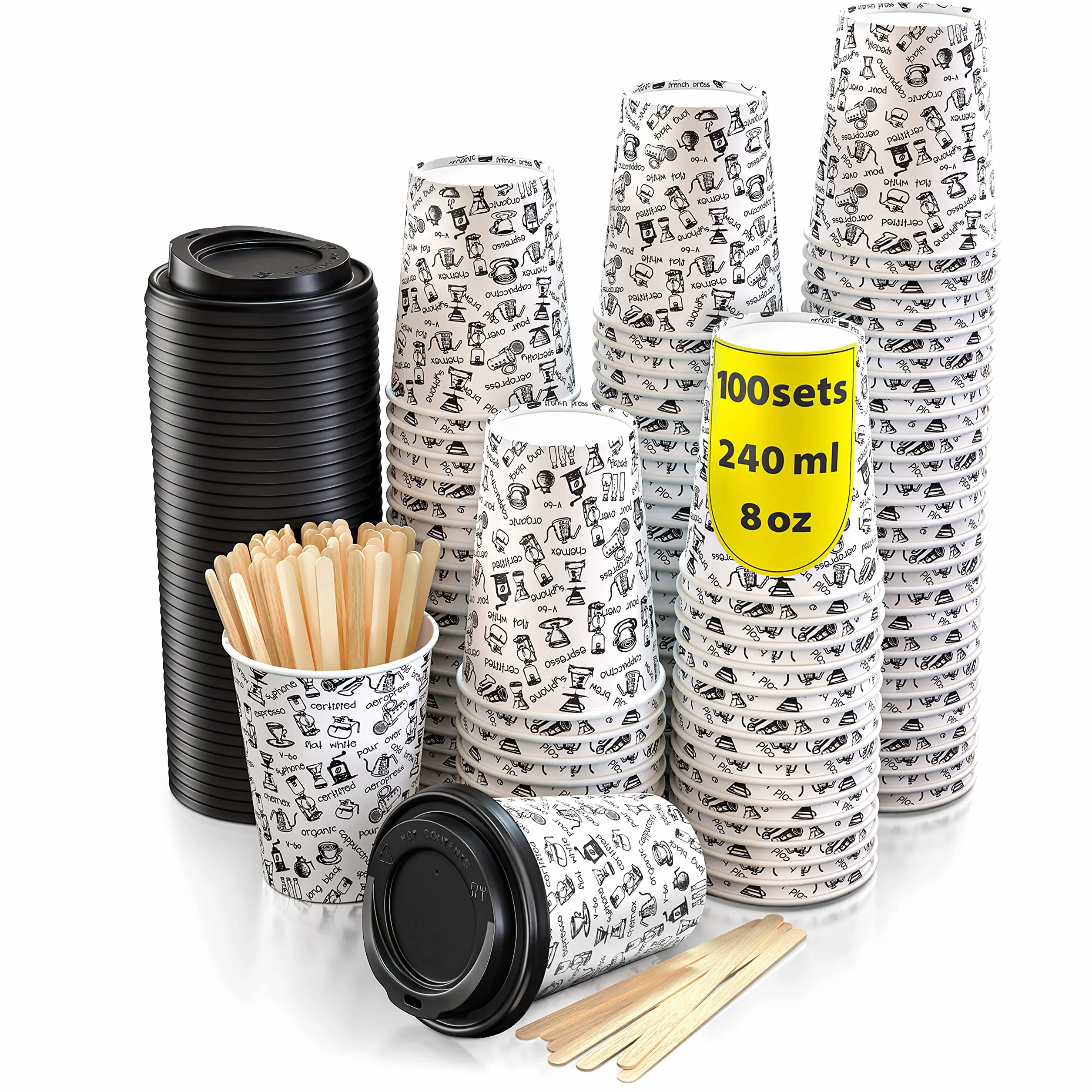 CupCup 100 Papierowych Kubków 240 ml, z Pokrywką i Drewnianymi Pałeczkami do Mieszania – Jednorazowy Kubek do Kawy, Herbaty, Gorących i Zimnych Napojów