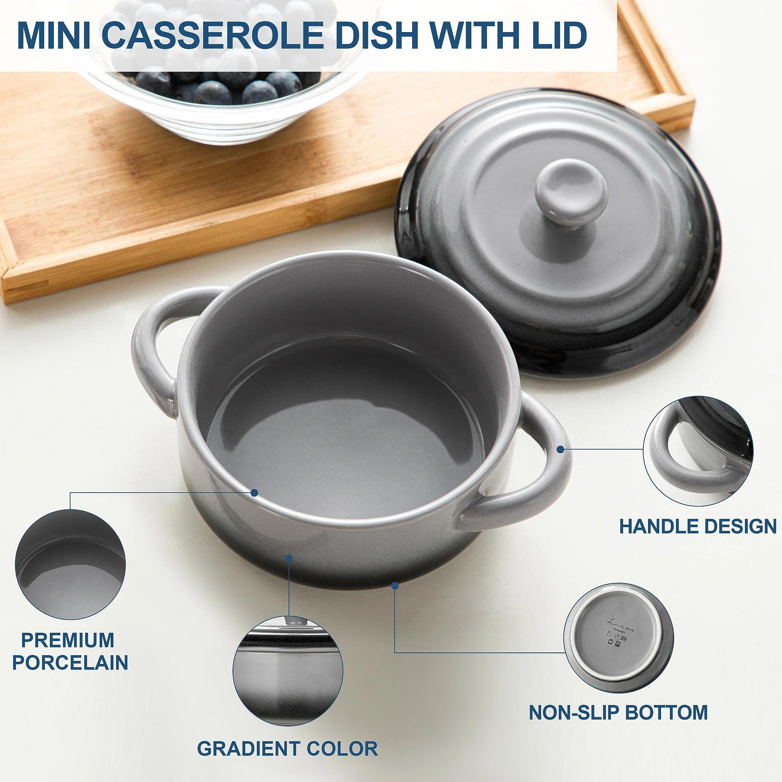 LOVECASA Małe naczynie do zapiekania do piekarnika, ceramiczny mini zestaw koktajli 350 ml, francuskie miski do zupy cebulowej z pokrywkami i uchwytem, ramekiny do gulaszu, lasagne, zestaw 4 szt