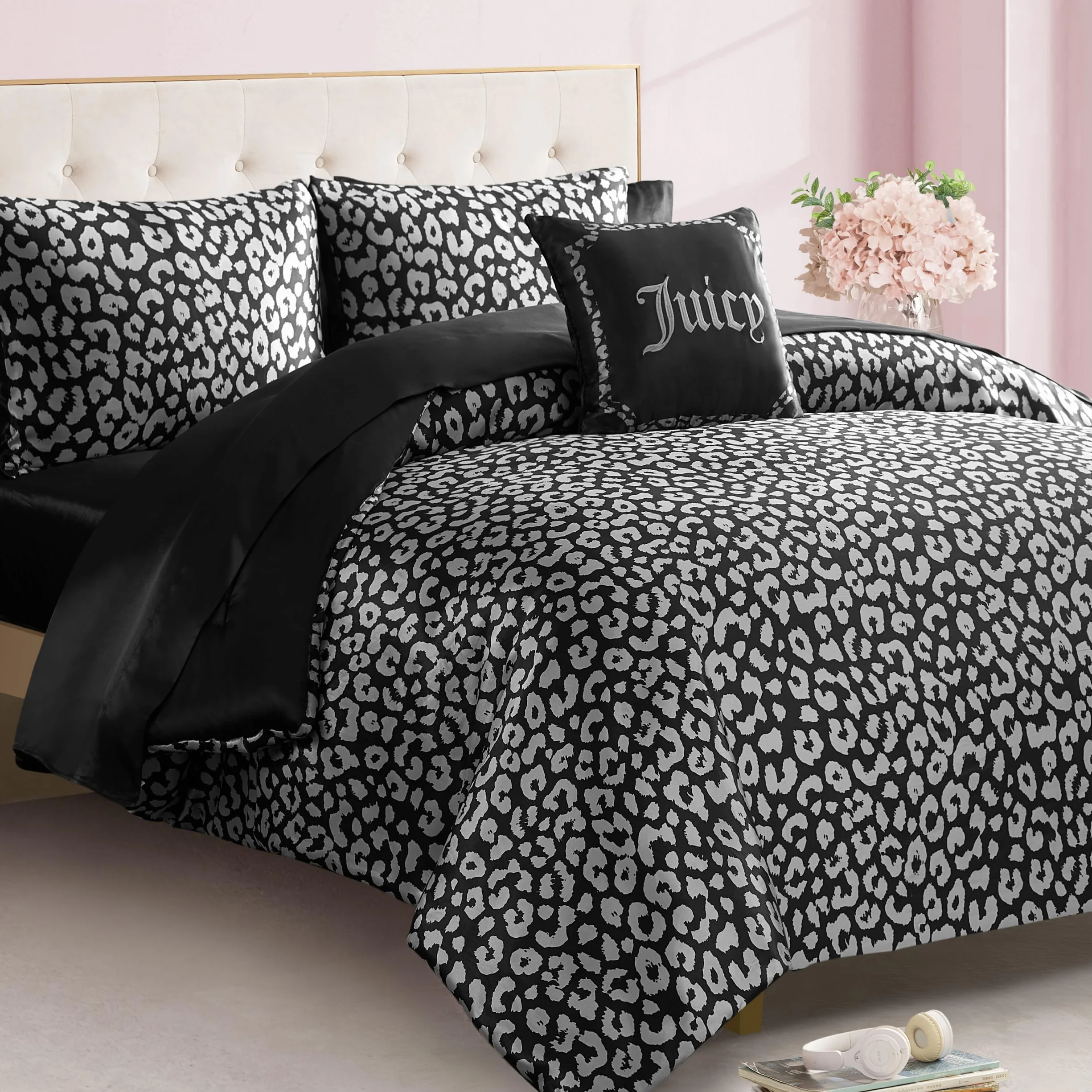 Juicy Couture Nowoczesny zestaw pościeli z satyny w panterkę - luksusowe łóżko w torbie - miękka i stylowa 8-częściowa kolekcja pościeli