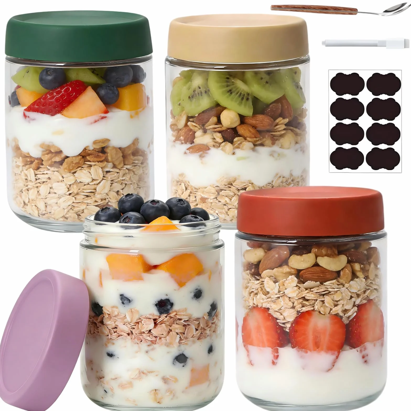 Słoiki na płatki owsiane na noc 4 sztuki 500 ml Słoiki z zakręcaną pokrywką do domowych dżemów, jogurtów, pudding, jako pojemniki do przygotowywania posiłków typu mason jar